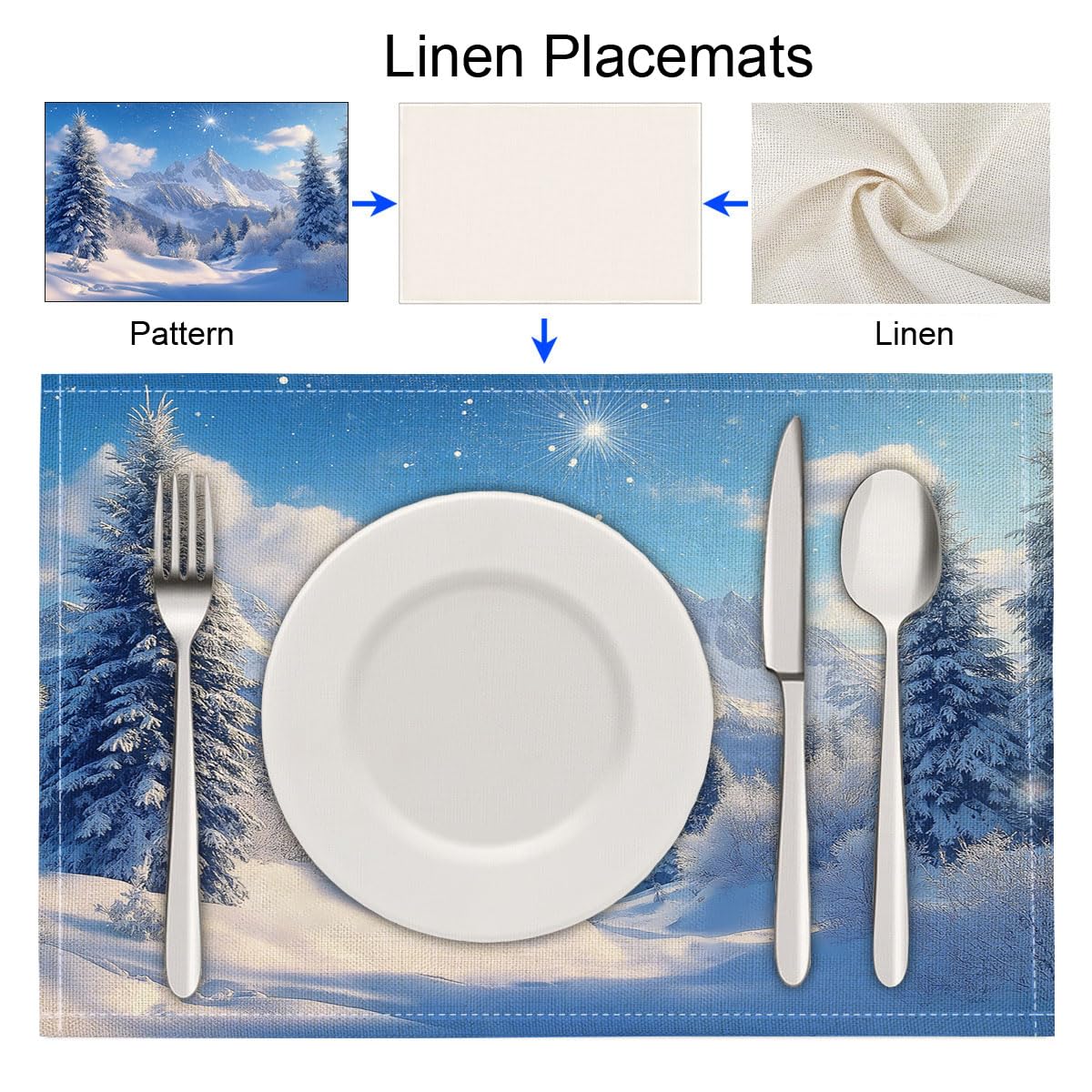 8 Tovagliette Colazione Stoffa 45 x 30 cm,Imponenti Montagne Innevate Tovagliette Americane Lavabili, Placemats Freddo Foresta per Primavera Vacanze Cucina Feste, Pasqua