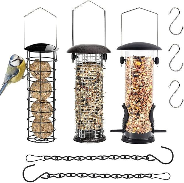 Bird Feeders Hanging,Wild Birds Feeders Mesh Feeding Stations with Steel Hooks Hangers, Metal Bird Feeder for Garden, Hanging bird feeder set + BONUS 3pcs Hooks and 2pcs Hanging ChainSet of 8