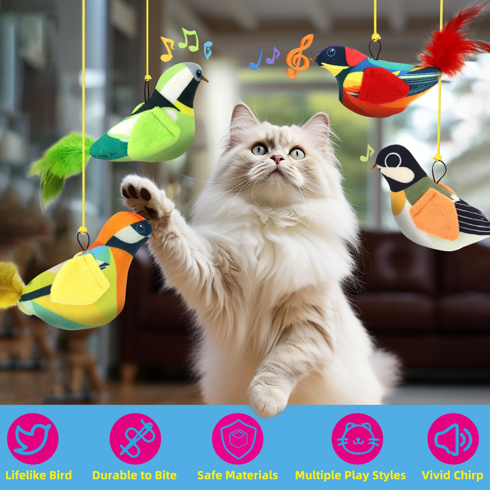 4PCS Interactive Hanging Bird Cat Toys Set - with Catnip, Realistic Chirping, Lifelike Birdie Tweets, Durable & Safe, Indoor Kitty Kitten Exercise Toys