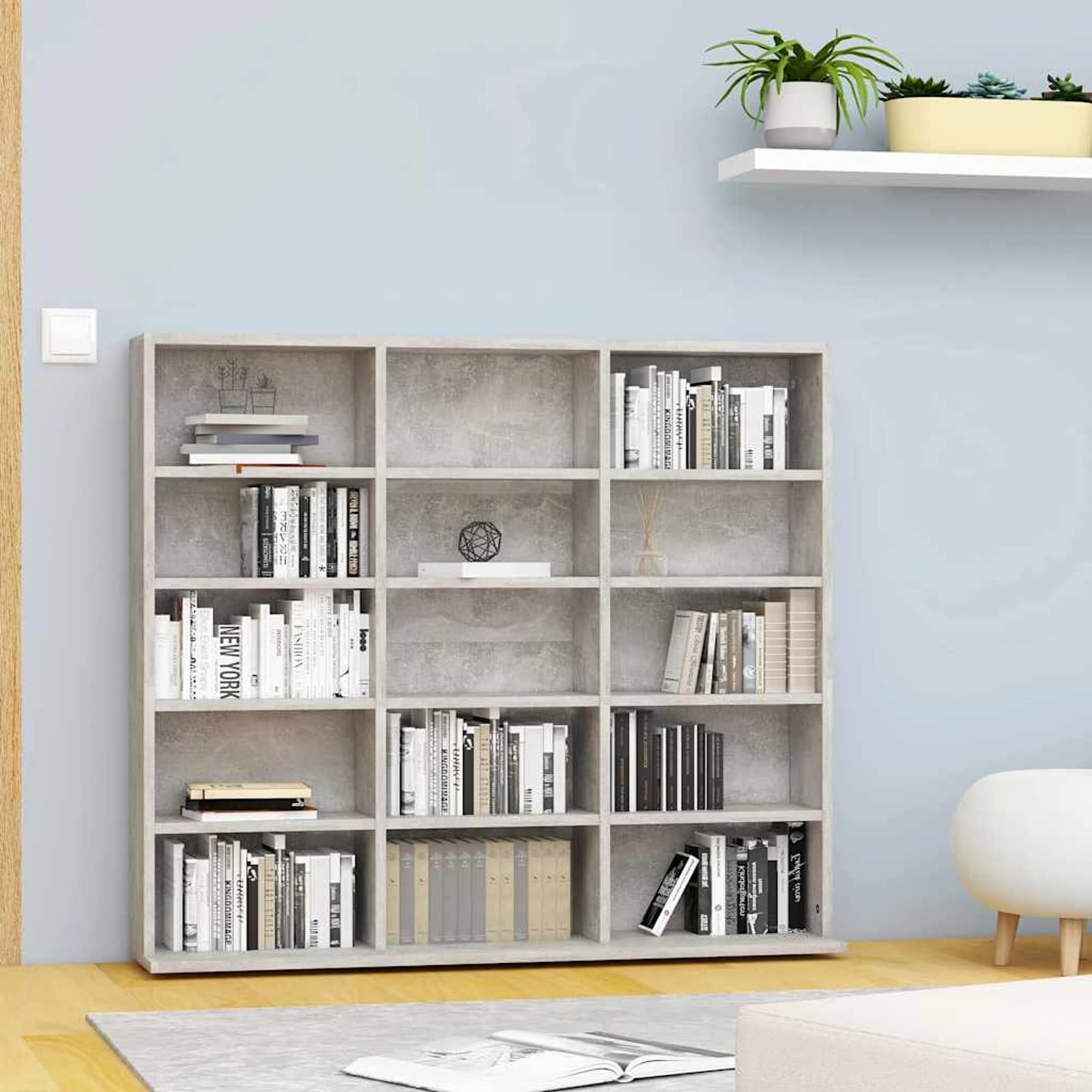 Gecheer CD-Regal, 15 offene Fächer, Betongrau, 100 x 23 x 89,5 cm, aus Holzwerkstoff, für Wohnzimmer, Büro oder Schlafzimmer zur Aufbewahrung von CDs, Schallplatten und Zubehör