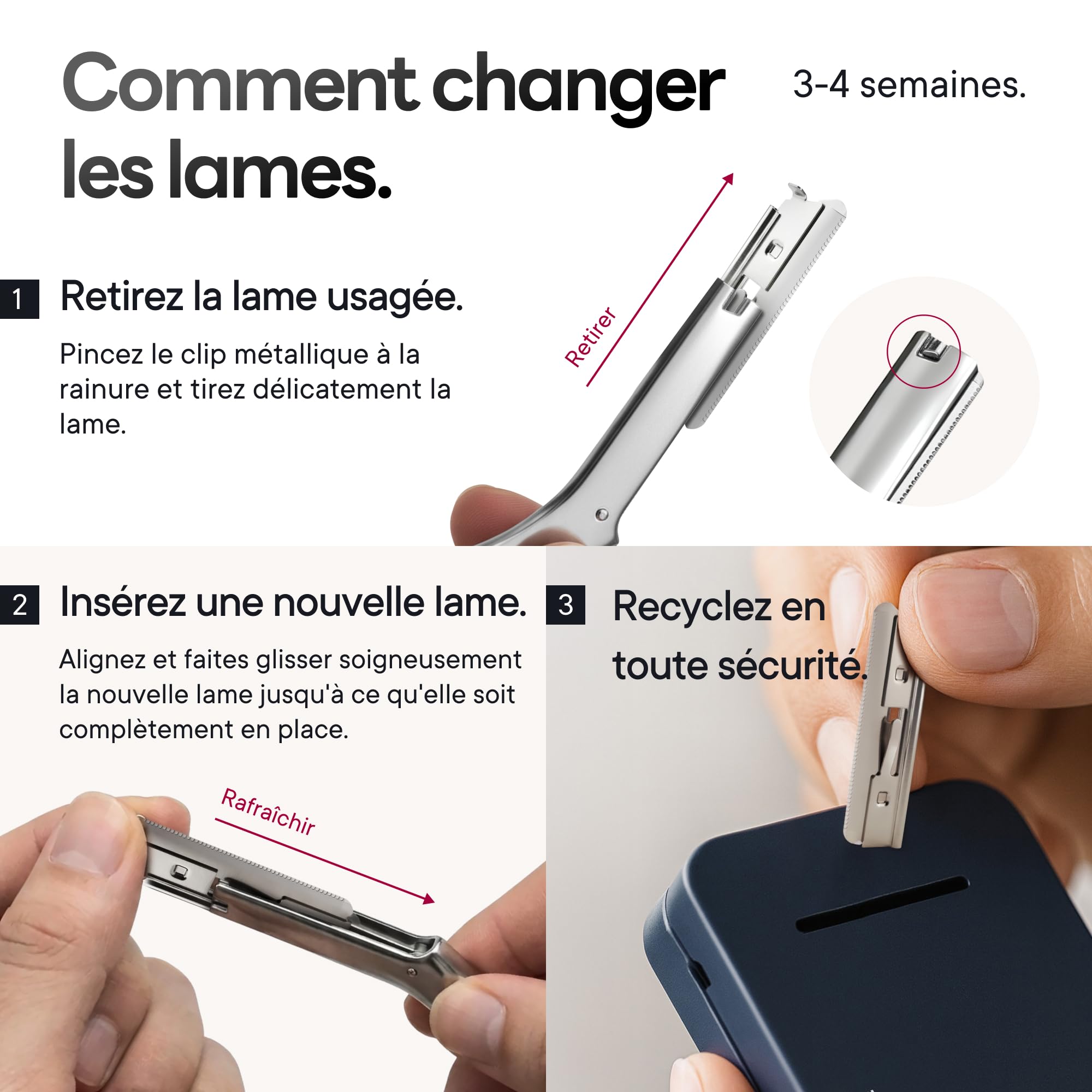 CAVEEM Rasoir Sourcil, Rasoir Visage Métal pour Femme et Homme, Dermaplaning Visage, Éliminer Duvet et Peaux Mortes, Lames Inox 6 Recharges, Argent Mat