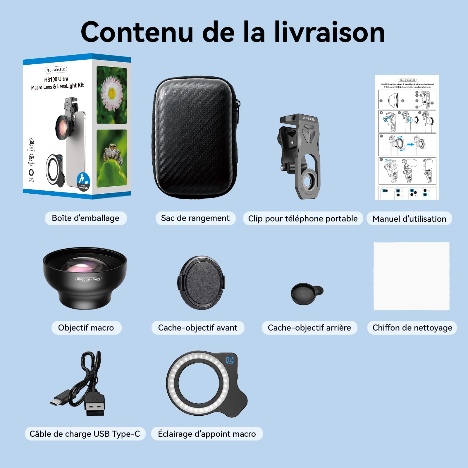 APEXEL HB100 Ultra Objectif Macro HD F1.05 45 Modes Lumière & Revêtement AF,Objectifs pour Téléphones Portables pour Smartphones iPhone, Samsung et Pixel