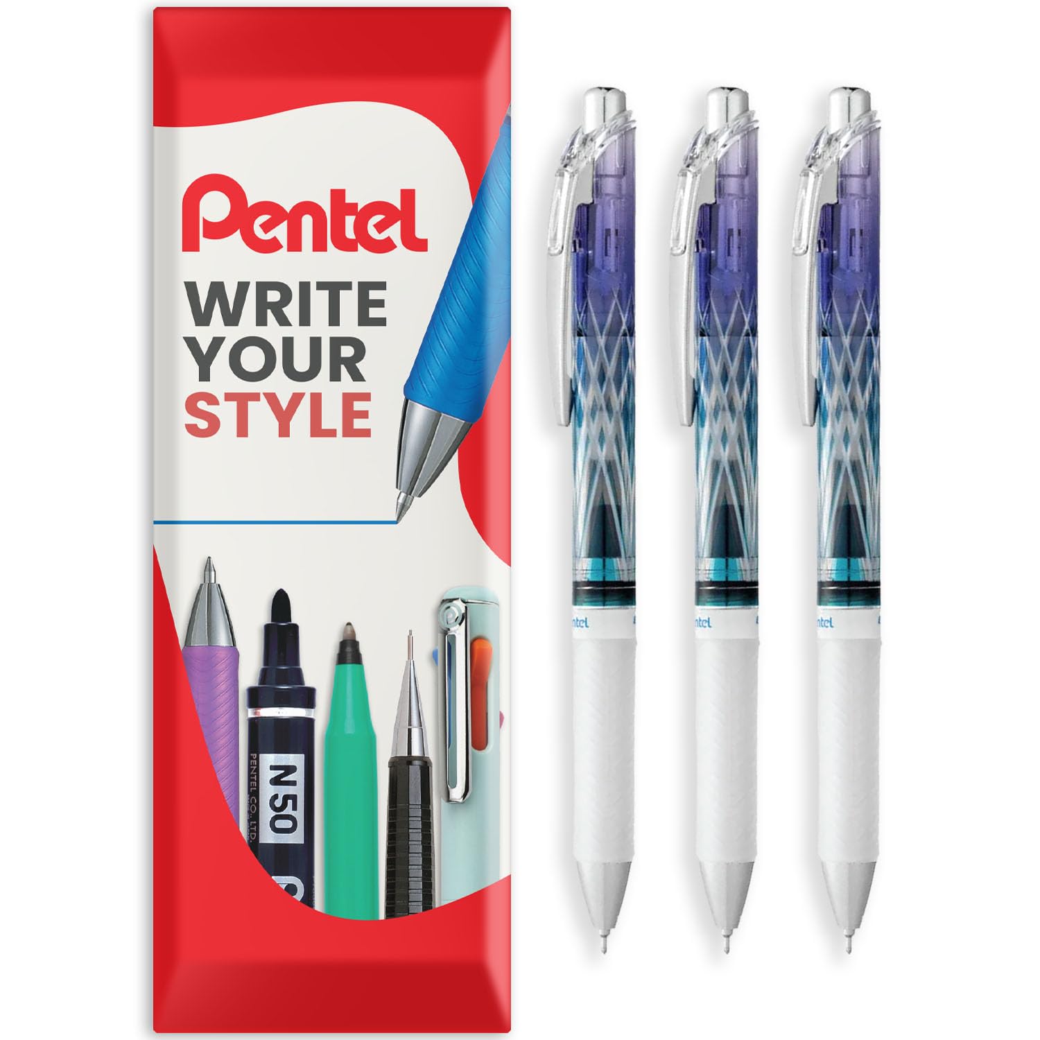 EnerGel Gel Ink Retractable Rollerball Pen - BLN75 0.5mm Nib - Edo Kiriko Limited Edition Pens - Black Ink - in Envelope Gift Packaging (Purple/Turquoise Pack of 3)