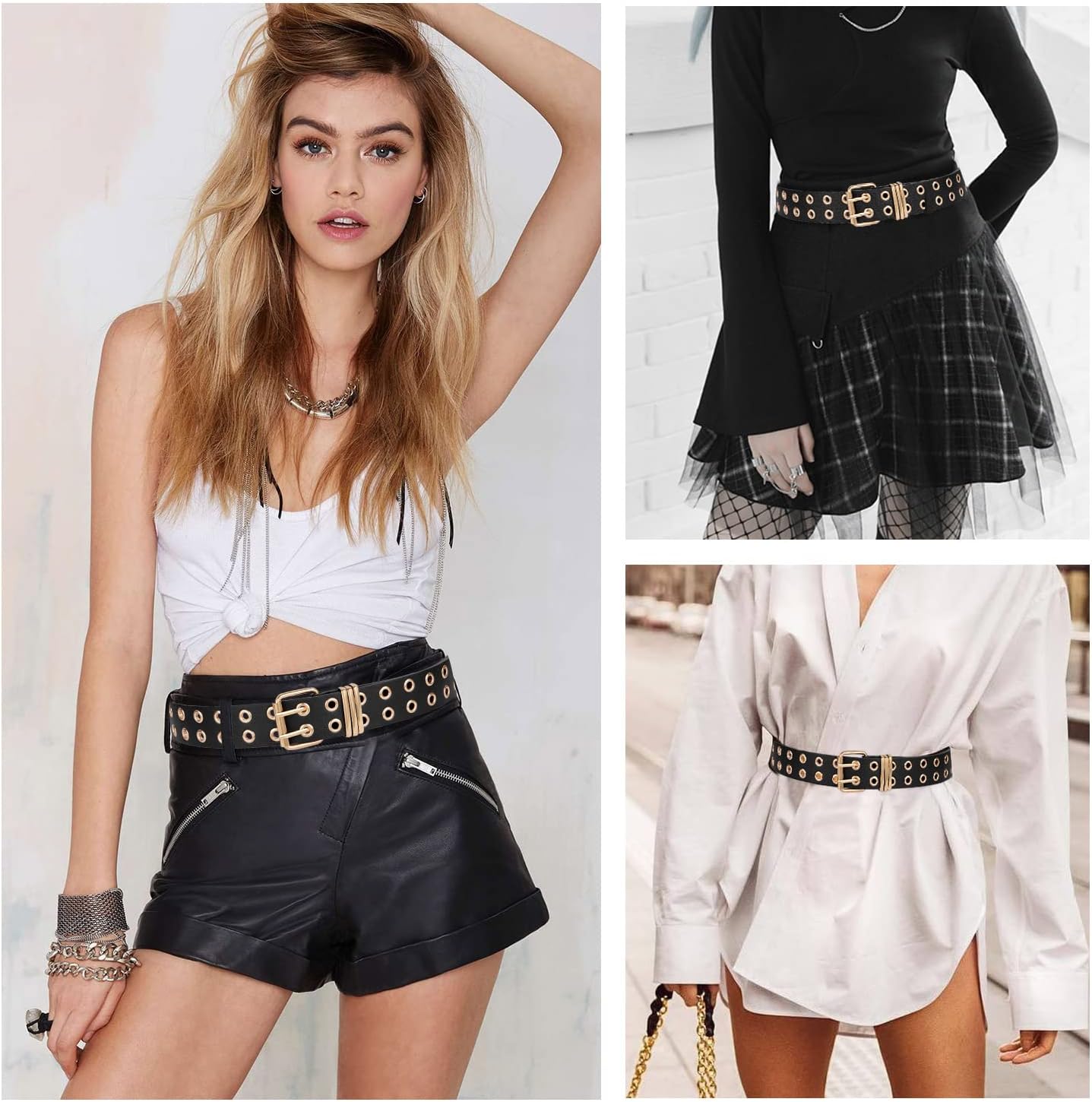 FIORETTO Grommet Leather Belt with Detachable Chain Women Men Punk Rock Waist Belts for Jeans Pants - Image 2