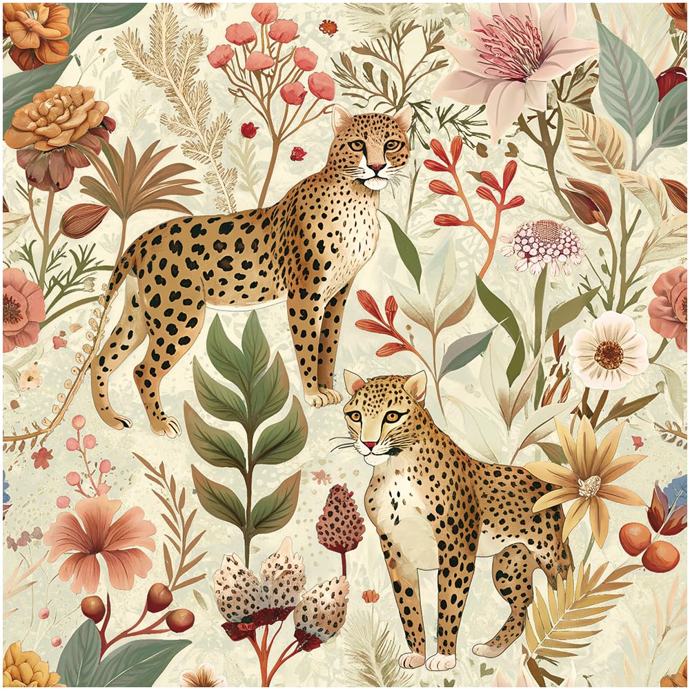 HAOKHOME Forest Wallpaper Self Adhesive Floral Jungle Leopard Animal Tropical Rmovable Stick on Contact Paper for Bathroom Living Room Beige/Brown/Pink 3m x 44.5cm