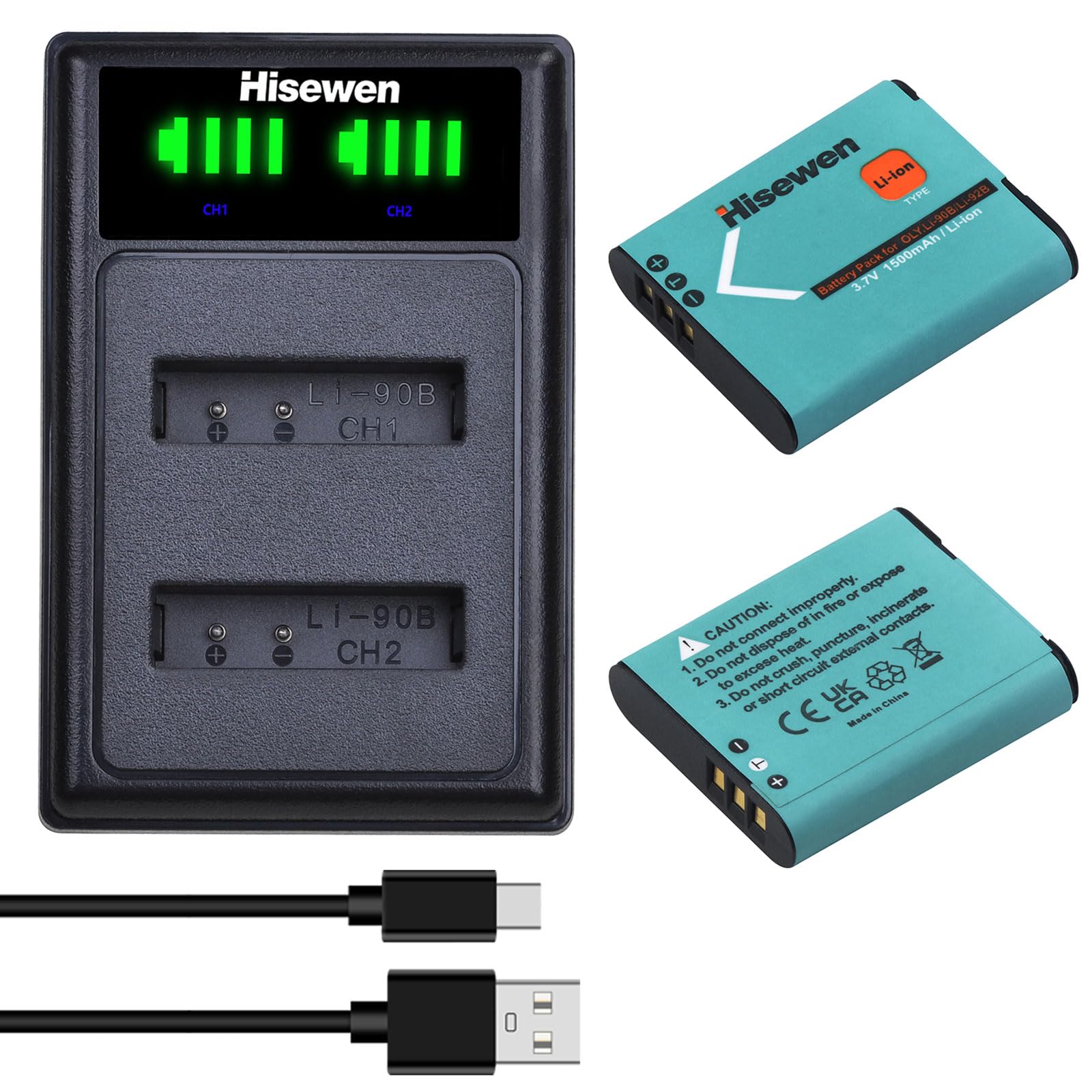 Pack Of 2 LI-90B LI-92B Batteries & Charger For Olympus Tough SP-100 IHS, TG -1 IHS, TG-2 IHS, TG-3, SH-50 IHS, XZ-2 IHS Digital Camera More