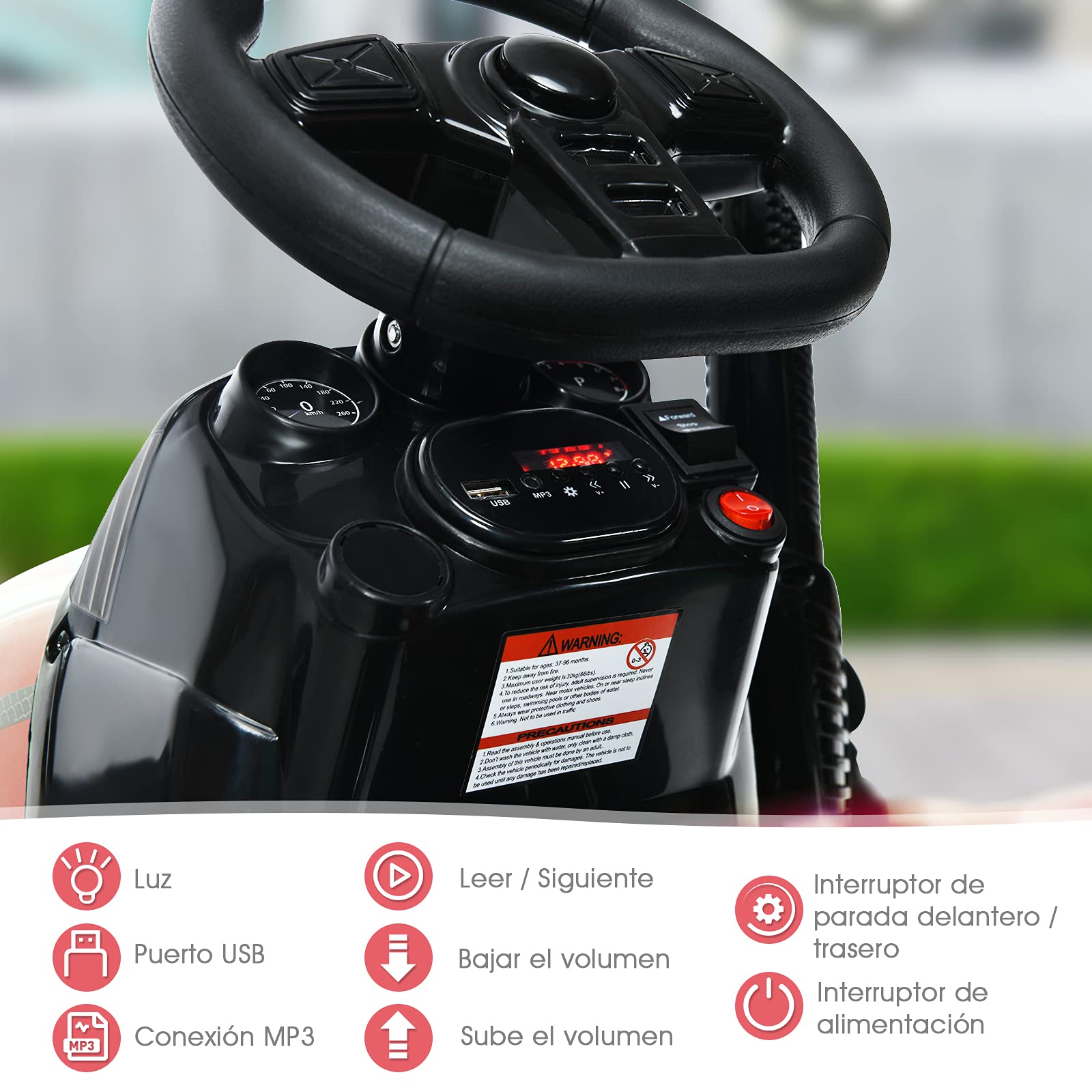 COSTWAY Tractor Eléctrico 12V 7AH para Niños con Remolque, Juguete 3-8 años, Mando 2,4G, Arnés Seguridad 2 Puntos, Faros, Música, USB (Rojo)