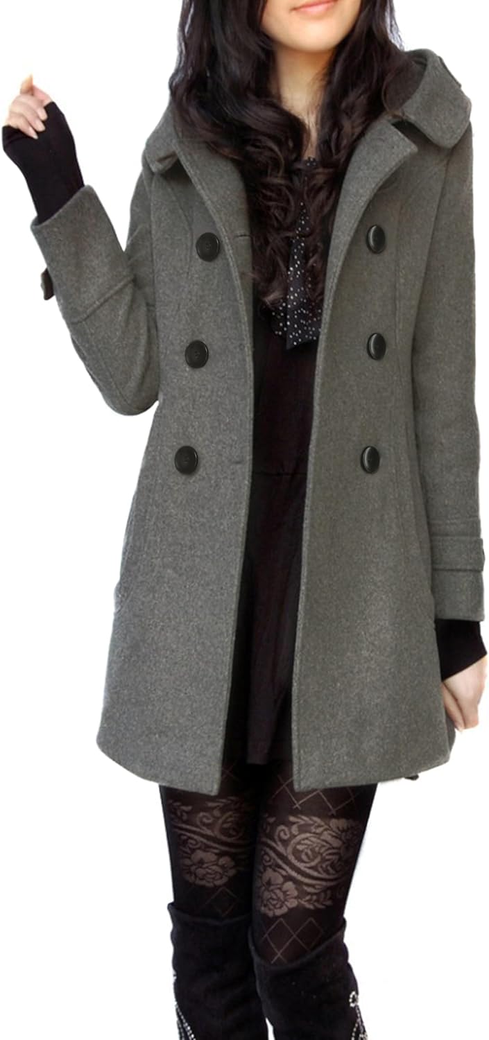 Tanming Women's Warm Double Breasted Wool Pea Coat Trench Coat Jacket with Hood - Image 3