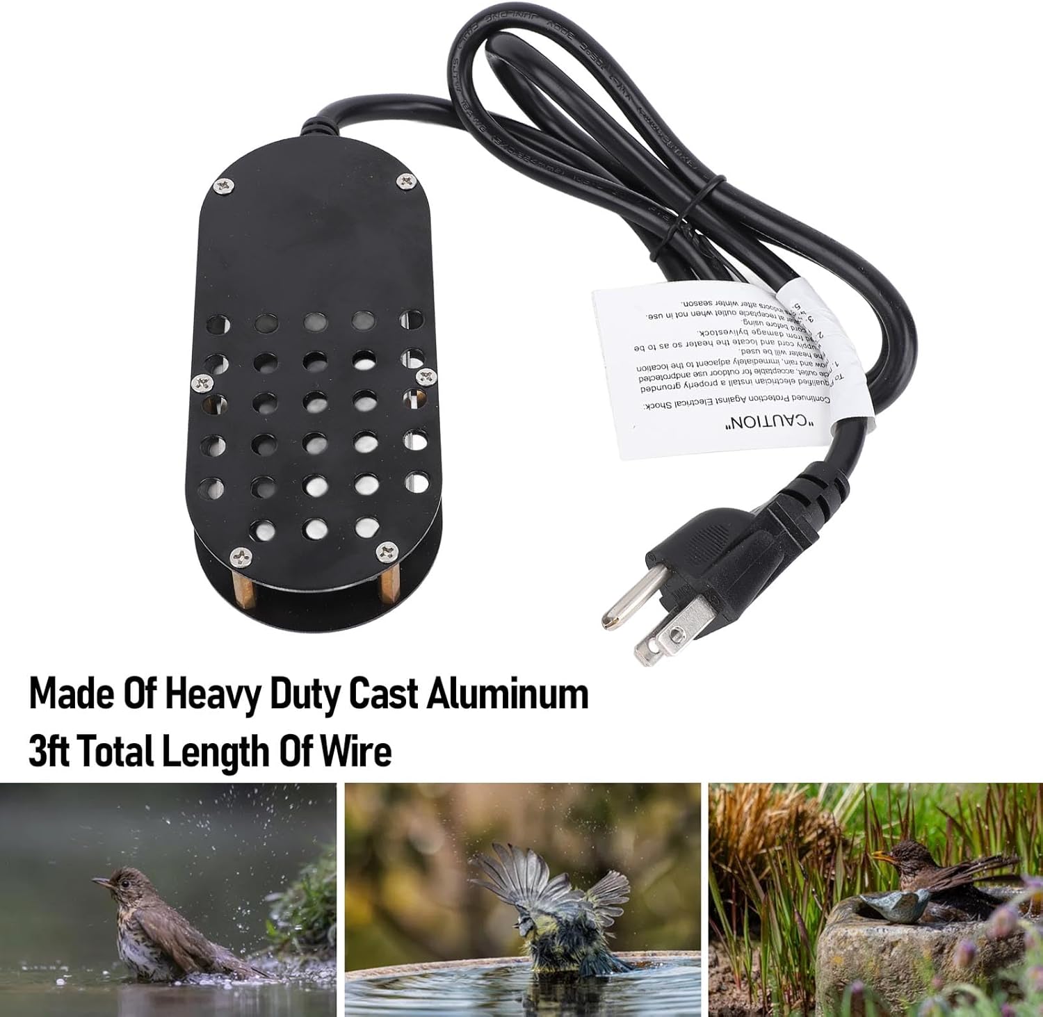 Bird Bath Heater 250W 110V for Outdoors in Winter Automatically Shutting Off Submergible Heated Bird Bath Pond Deicer Thermostatically Control, 3FT Power Cord