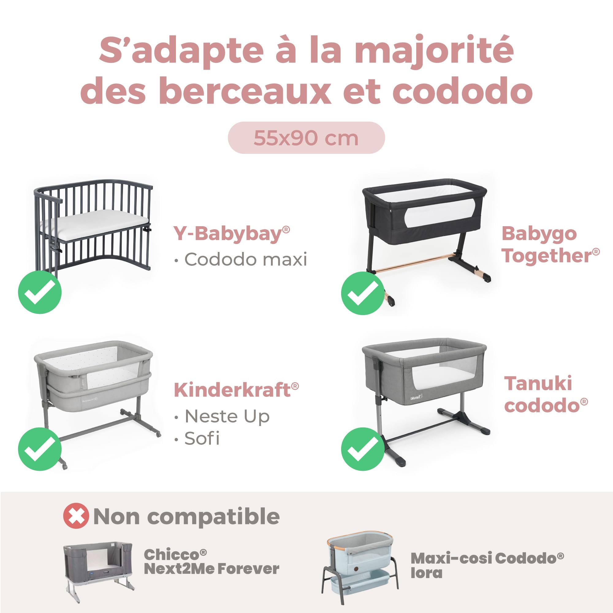 Dreamzie Lot de 2 Drap Housse Cododo + 1 Protege Matelas Impermeable Enfant - 55x90 cm - 100% Coton pour Berceaux, Matelas Cododo - Motif Heart