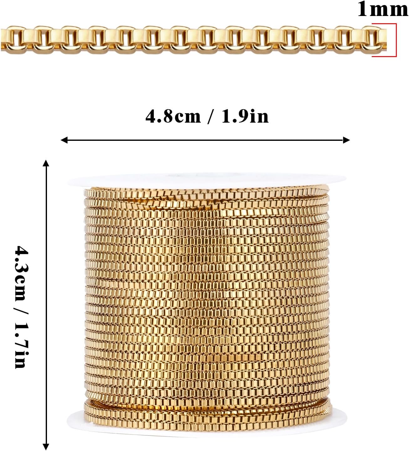 33FT 18K Gold PVD Plated Box Chains Roll, 1mm Gold Stainless Steel Box Chain Spool Bulk for DIY Jewelry Making Necklace Bracelet