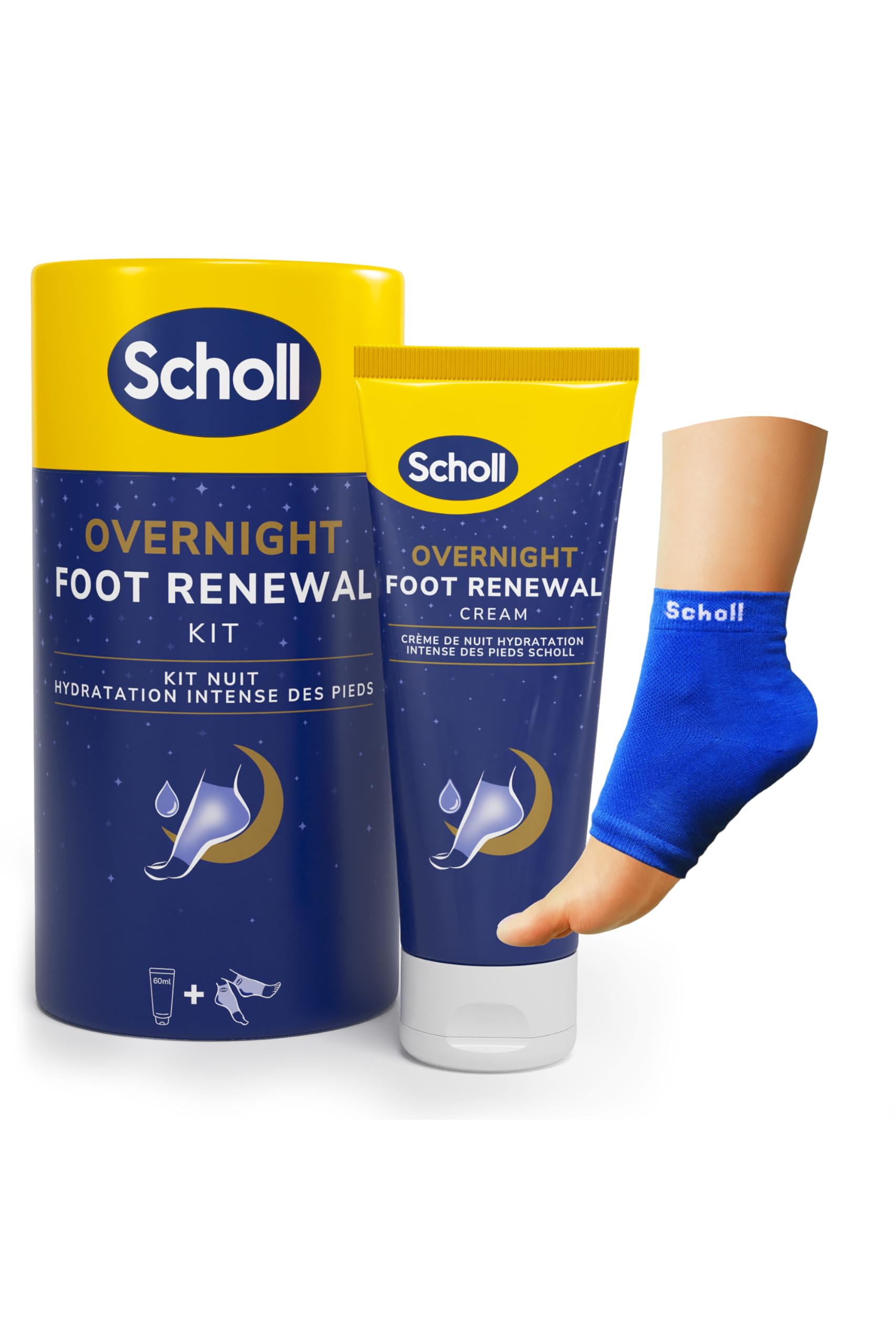 Scholl Overnight Renewal Kit, Footcare Cream 60 ml, Reusable Gel Heel Sleeves 1 Pair - Moisturise Dry Feet, Visible Results in 1 Night, Contains 5% Urea and Shea Butter, Podiatrist Approved
