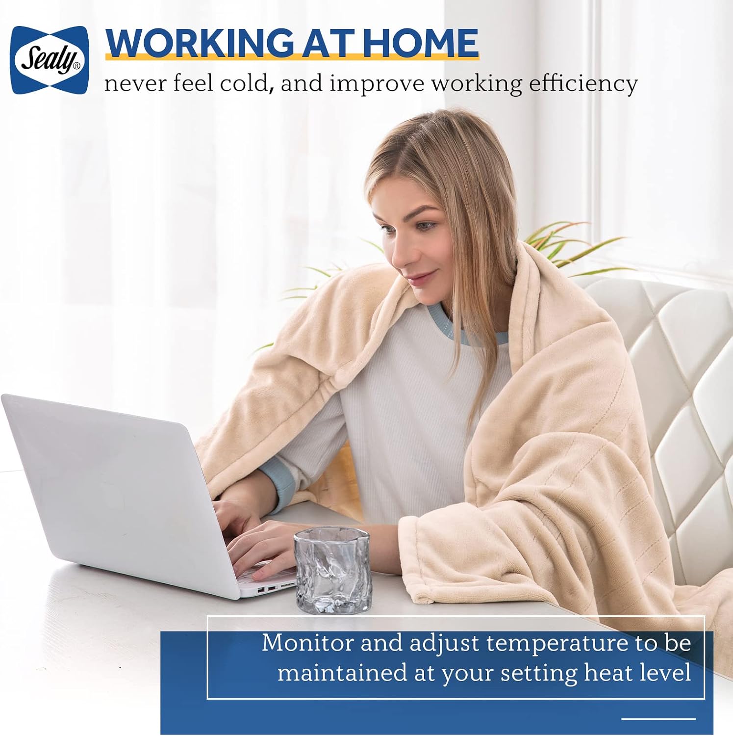 SEALY Electric Blanket Heated Throw, Soft Flannel Heating Blanket with 6 Heat Settings & 2-10 Hours Auto Shut Off, Fast Heating & Machine Washable, 50x60 Inch, Beige