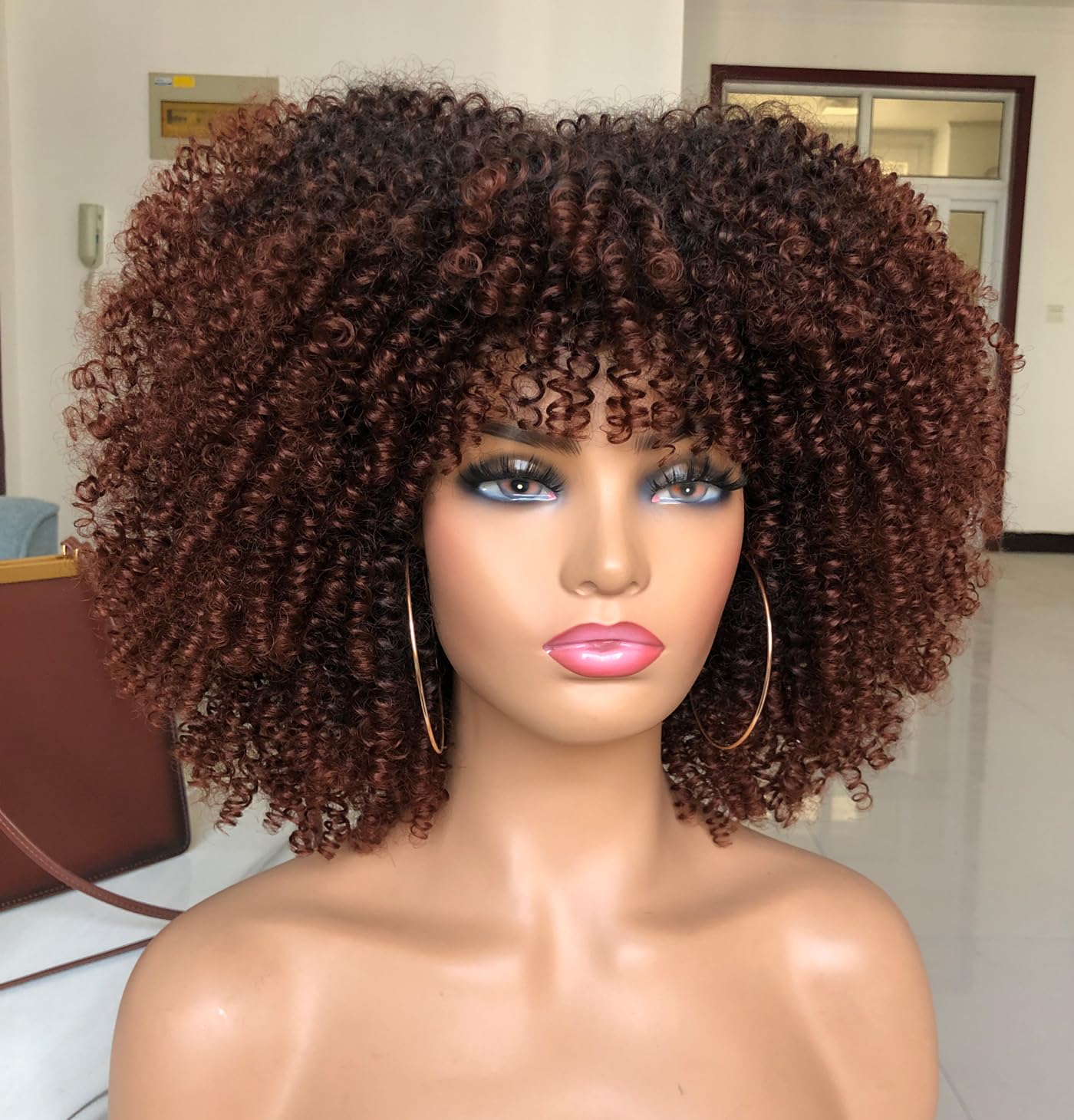 ISAMY 14inch Afro Bomb Curly Wigs for Black Women Short Afro Kinky Curly Wig with Bangs Full Curly Wig (Dark Brown) - Image 2