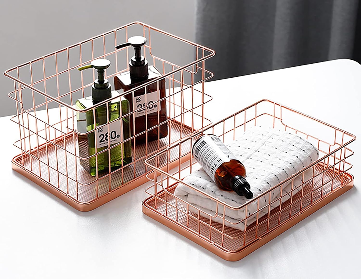 Set of 2 Stackable 10" Metal Wire Storage Basket Bins With Handles (Rose Gold Woven Mesh Base)