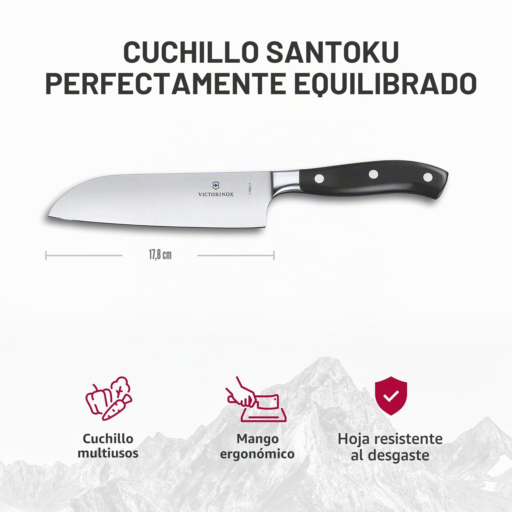 Victorinox Grand Maître, cuchillo Santoku profesional, hoja extra afilada, afilado recto, 17 cm, mango de plástico, acero inoxidable, negro