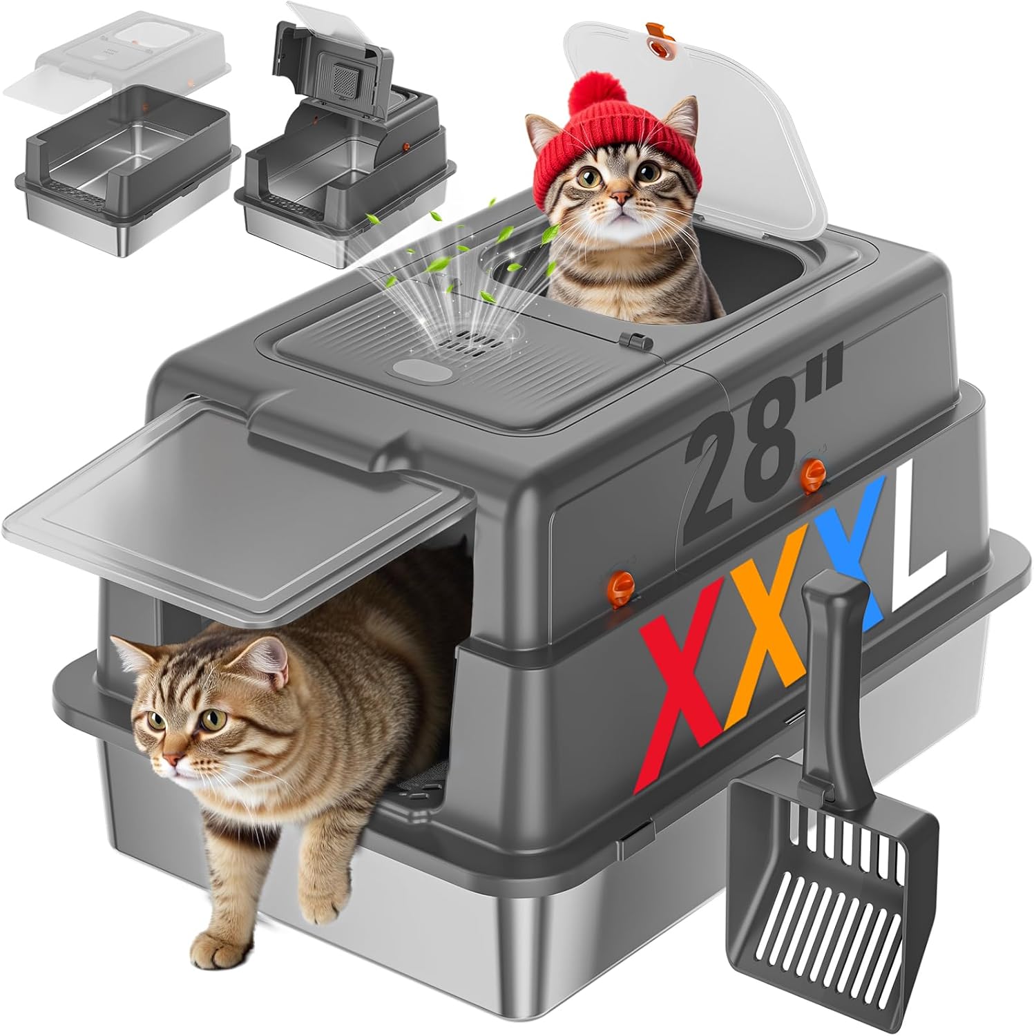 Stainless Steel Litter Box with Lid, 28" XXXL Large Cat Litter Box Enclosed for Multiple Cats, Odor Control with Carbon Filters, Anti-Leak High Sided, Includes Removable Lid & Scoop, Dark Gray