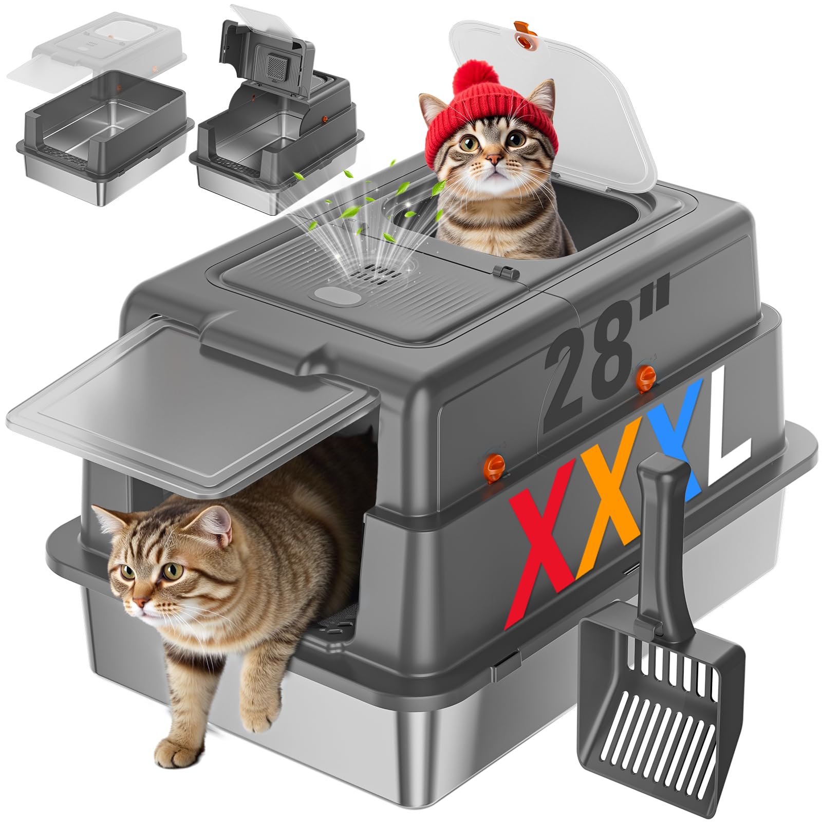 Stainless Steel Litter Box with Lid, 28" XXXL Large Cat Litter Box Enclosed for Multiple Cats, Odor Control with Carbon Filters, Anti-Leak High Sided, Includes Removable Lid & Scoop, Dark Gray