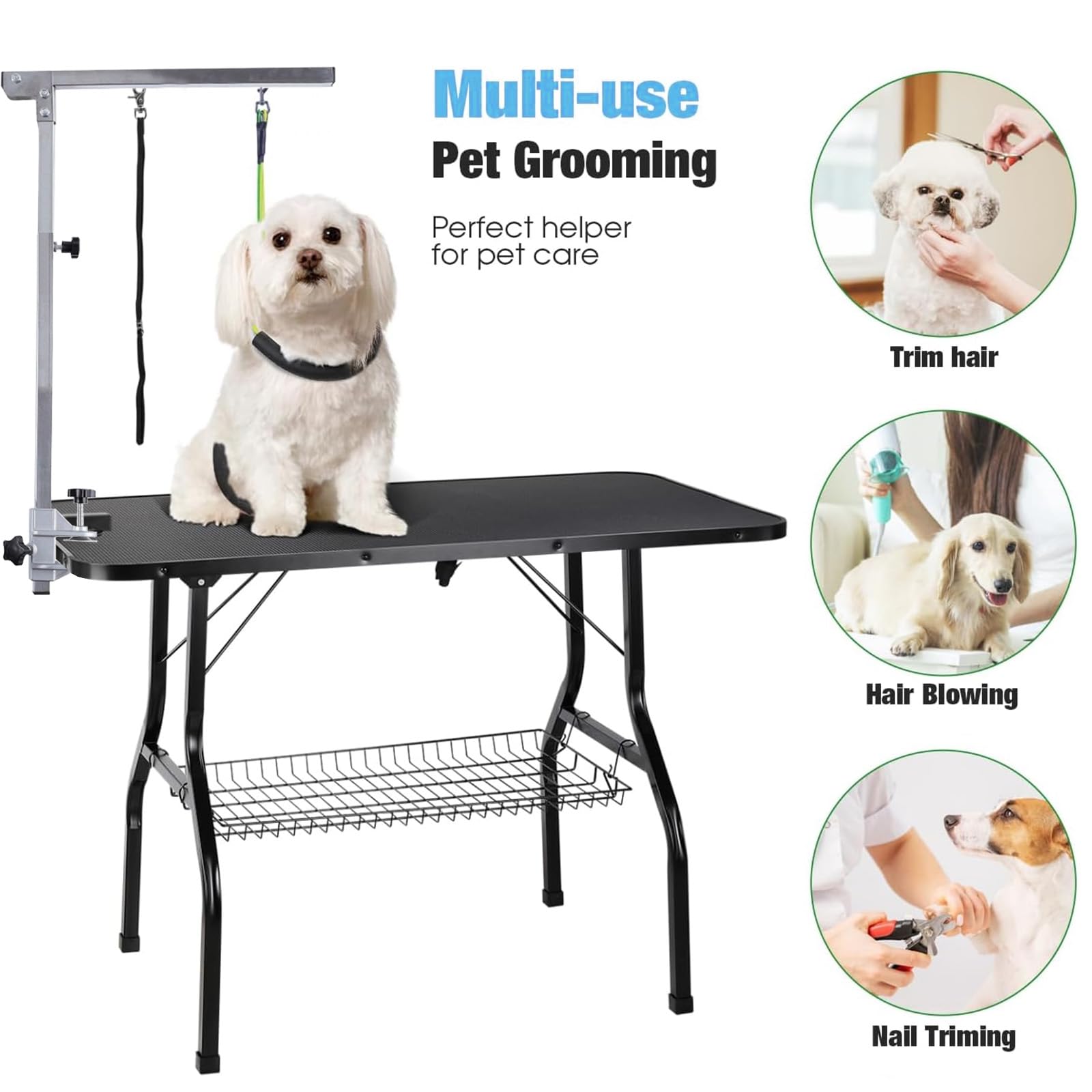 Faltbarer Haustier Fellpflege Arm mit Klemme, Verstellbar Hundepflege Bauchgurt, Faltbarer Tierpflegearm, 90 cm Höhenverstellbar für Große und Kleine Hunde, Professionelle Tierpflege
