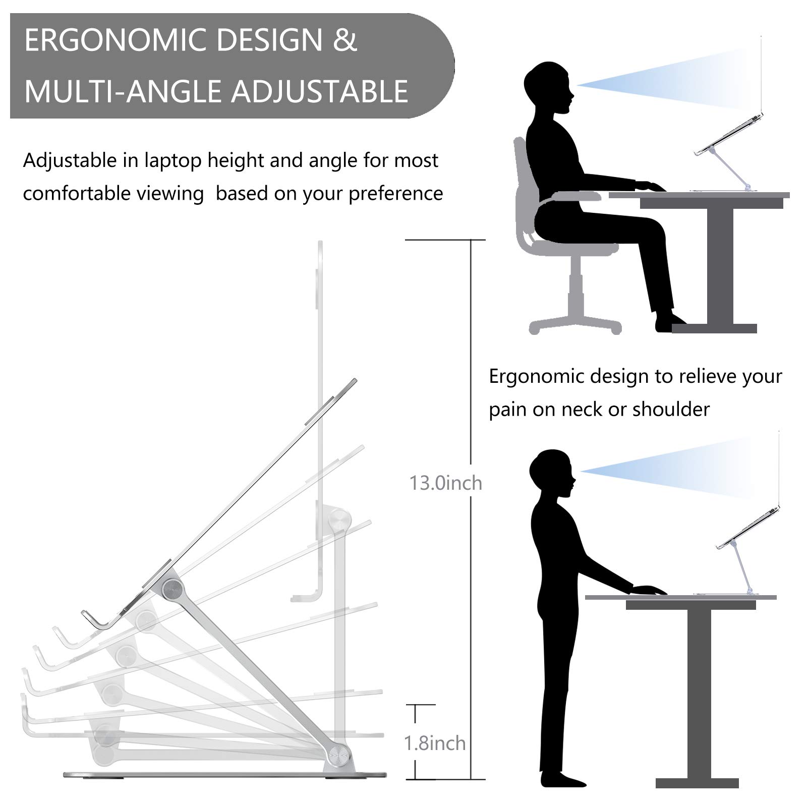 Supporto PC Portatile, Yanavee Regolabile Supporto Notebook, Ergonomico in Alluminio Supporto Laptop Stand Dock Supporto per 10"-17" Notebook e Laptop