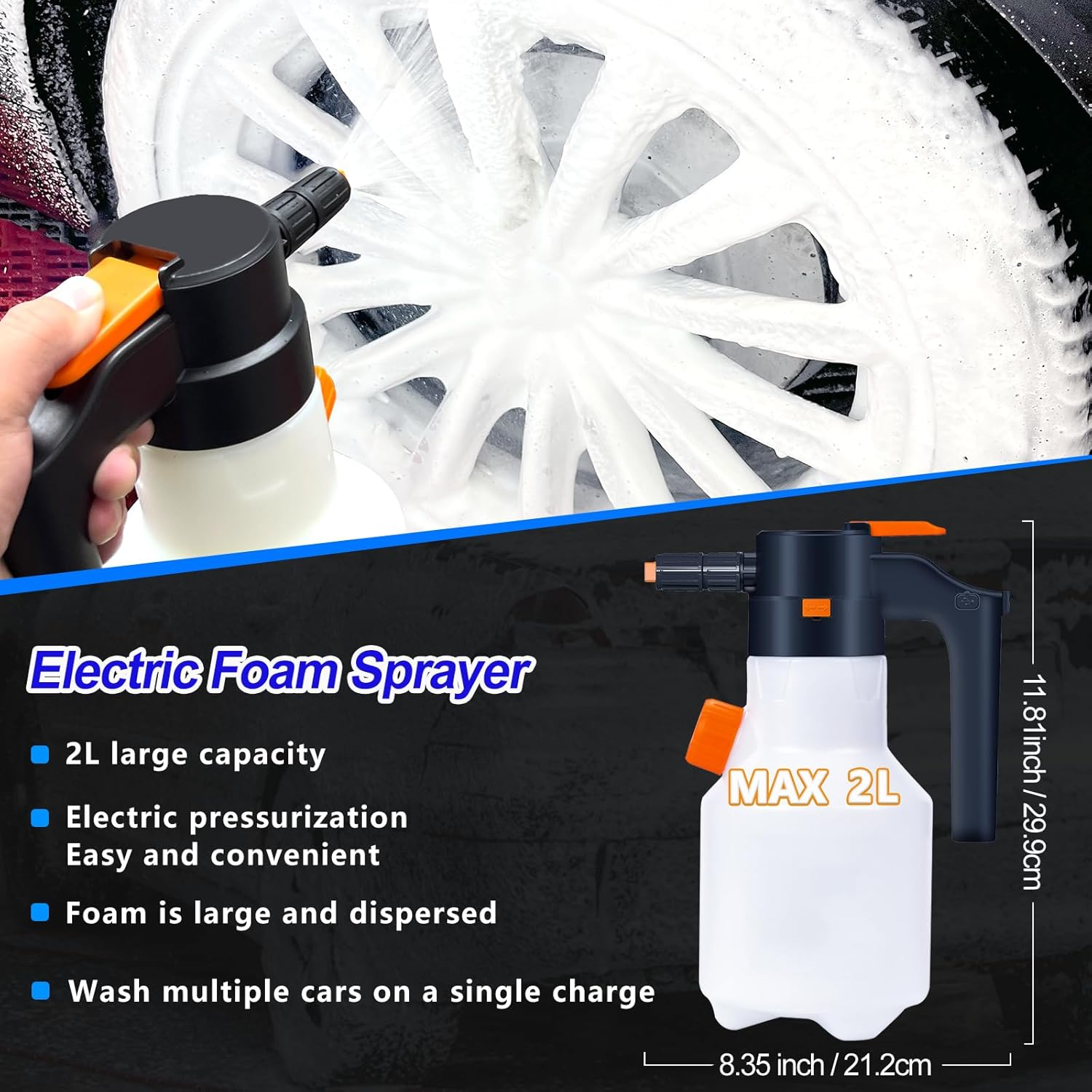 Electric Foam Sprayer 2L, Pressurized Sprayer for Home, Garden and Car Beauty and Cleaning