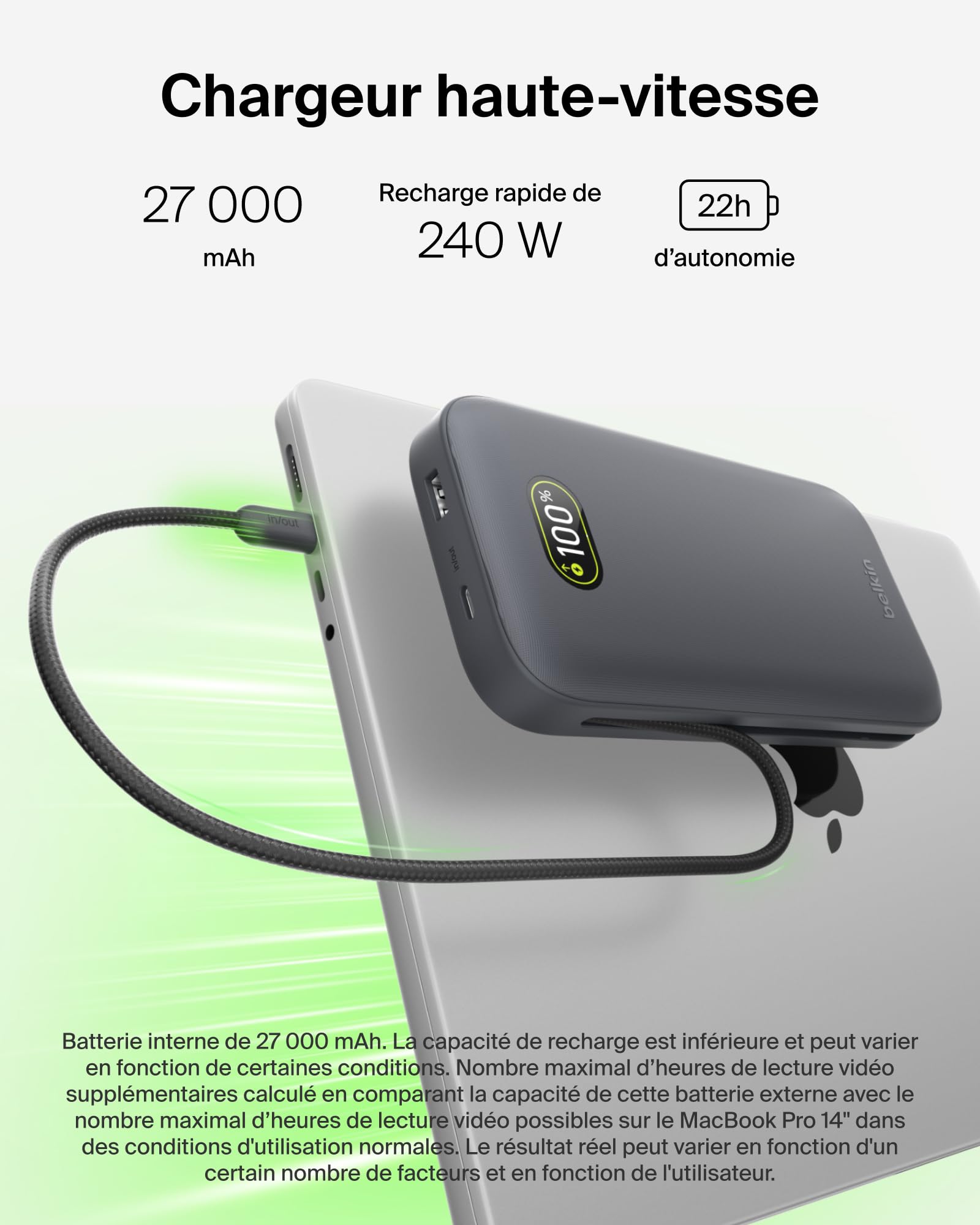 Belkin UltraCharge Pro Batterie Externe 27000mAh, Chargeur Portable avec Câble USB-C Intégré, USB PD 240 W, Power Bank Charge Rapide pour MacBook Pro, iPhone, iPad, Galaxy, Pixel, etc., Gris
