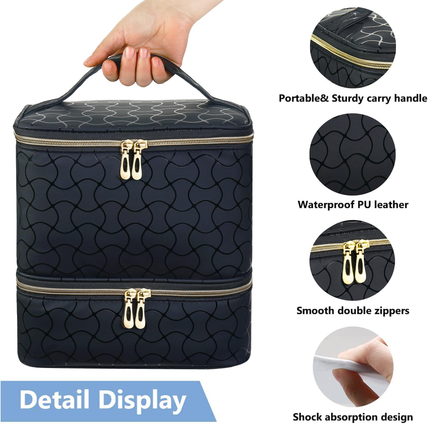 Nail Polish Organizer Holds 30 Bottles (15ml) and 1 Nail Light Nail Polish Carrying Case with Storage Pockets for Manicure Tools Double Layer Nail Storage Travel Bag with Handle (): B-Black