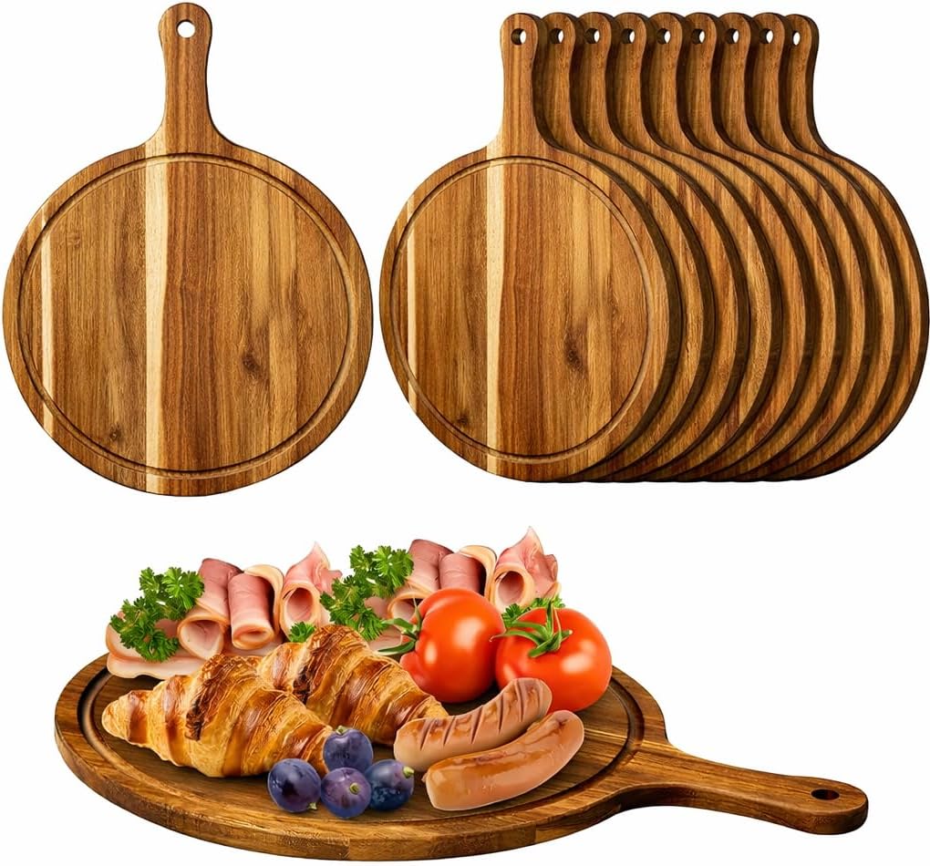 Acacia Wood Cutting Board With Handle, Round Cutting Boards For Kitchen, Decorative Charcuterie Boards For Pizza & Bread, Kitchen Gifts, Wooden Trays, Multipurpose Cutting Board (style1-5pcs)