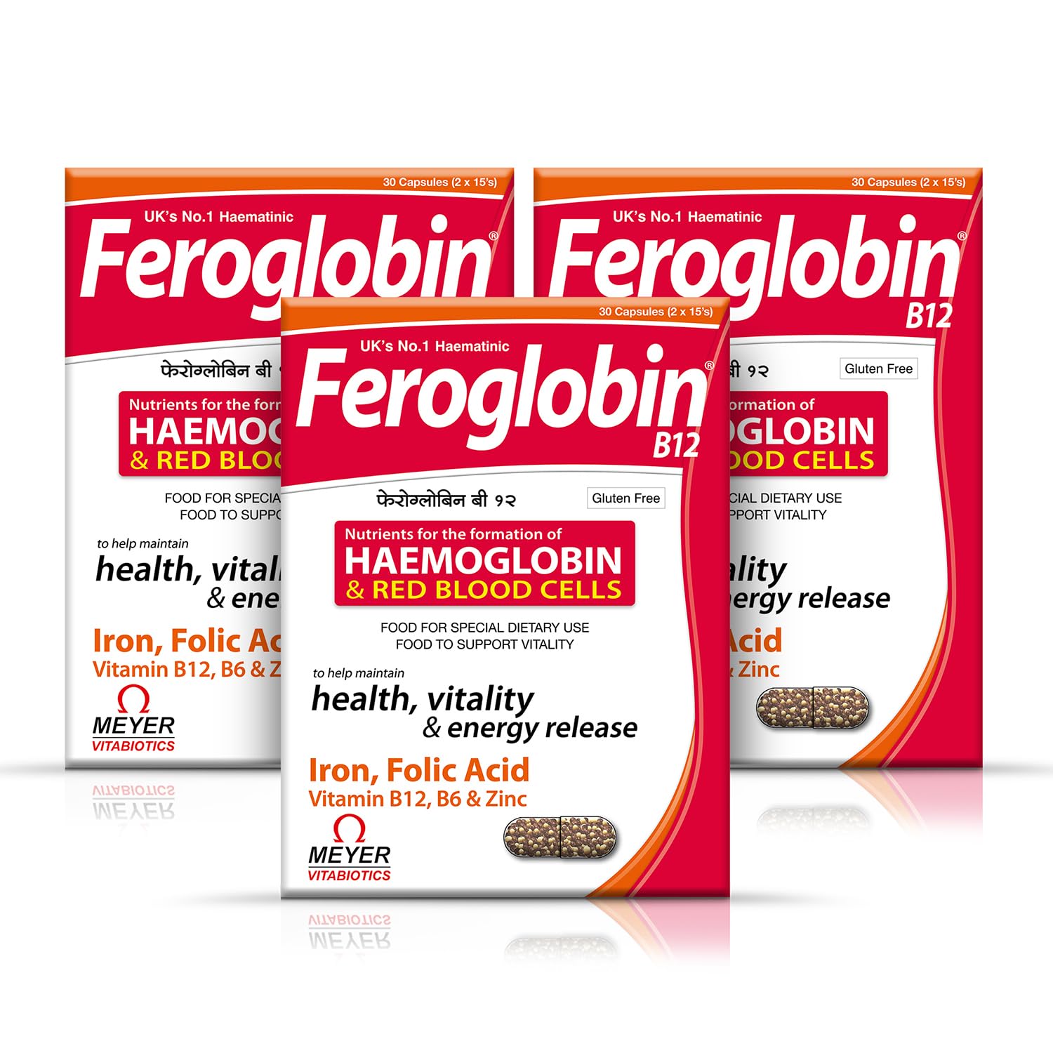 Feroglobin B12 Capsules for Hemoglobin & Red Blood Cell Formation | Iron, Folic Acid, B12, B6 & Zinc | Combo Pack of 3 (30 Capsules Each)
