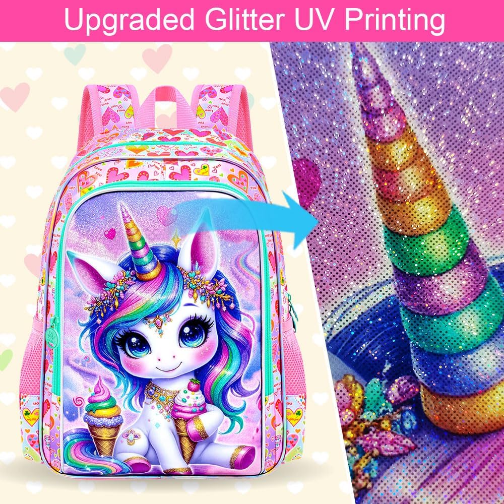 AGSDON 3PCS Unicorn Backpack for Girls, 16" Kids Backpacks for Girl Water Resistant Preschool, Elementary Bookbag with Lunch Box