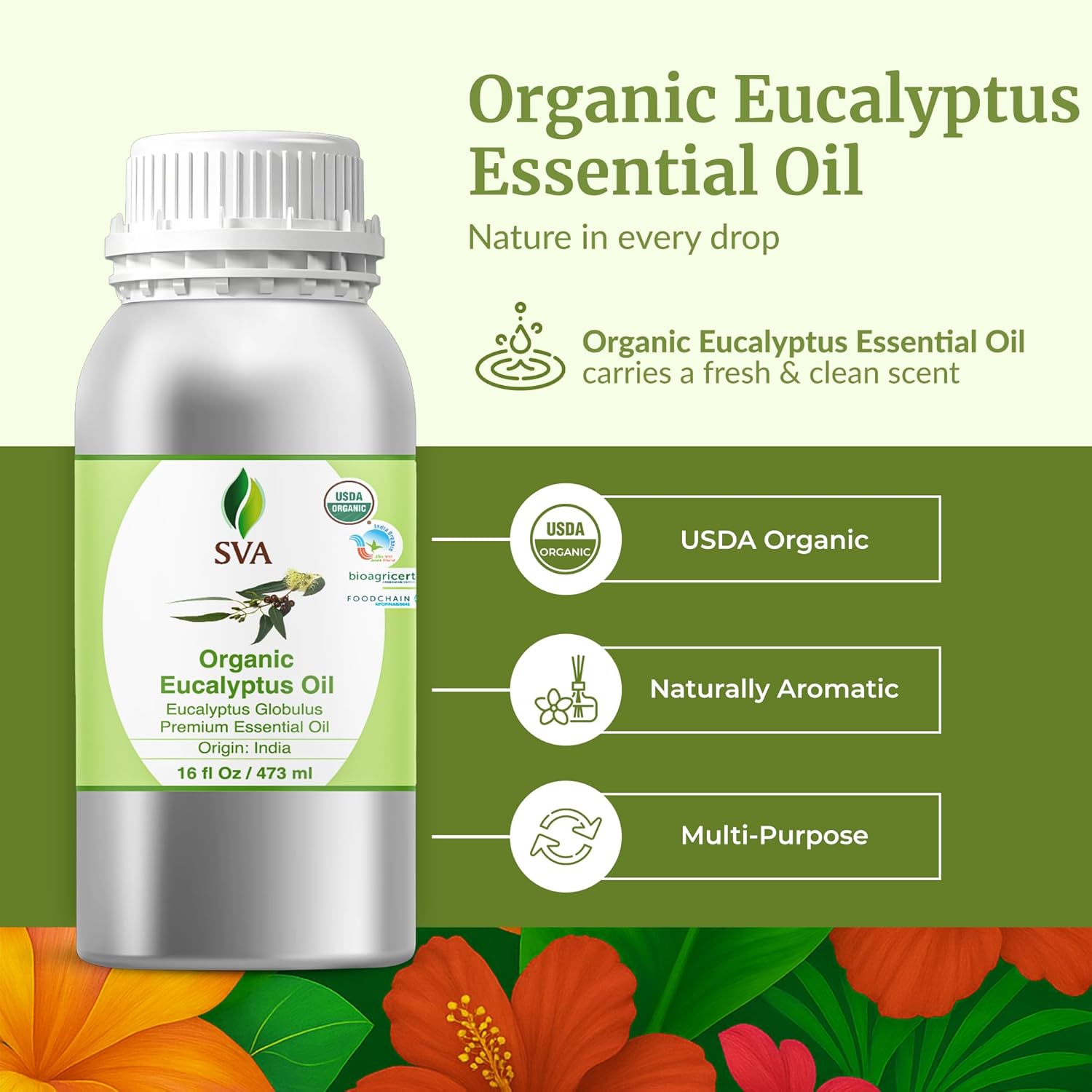 SVA Eucalyptus Essential Oil Organic – 16 Fl Oz – 100% Natural Organic Eucalyptus Oil for Hair, Face, Skin Care, Diffuser, Aromatherapy, Scalp, Body Massage, Soap and Candle Making - Image 2