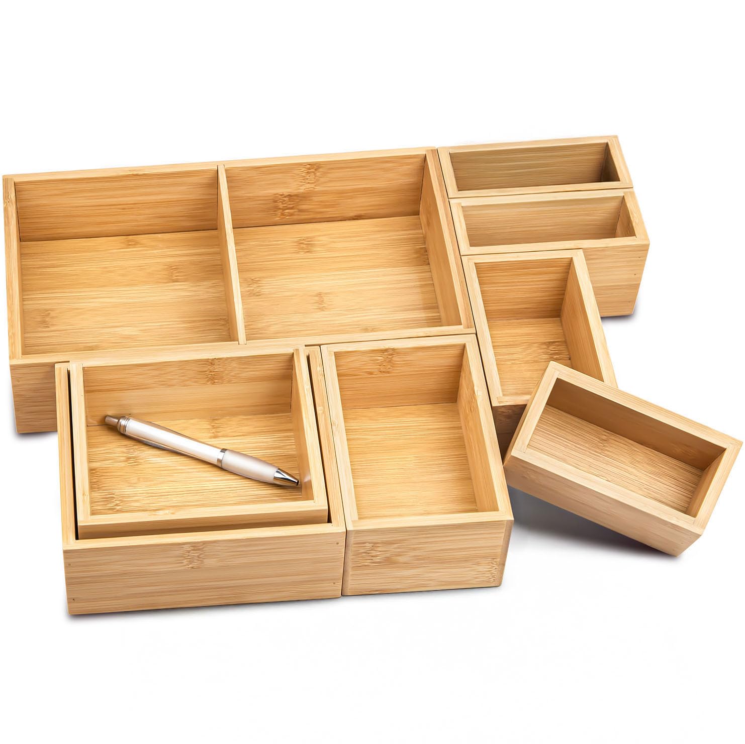 Set de 8 Cajas Organizadoras para Cajones - Madera de Bambú Sostenible FSC®️ - Para cada cajón de la cocina, el baño o la oficina