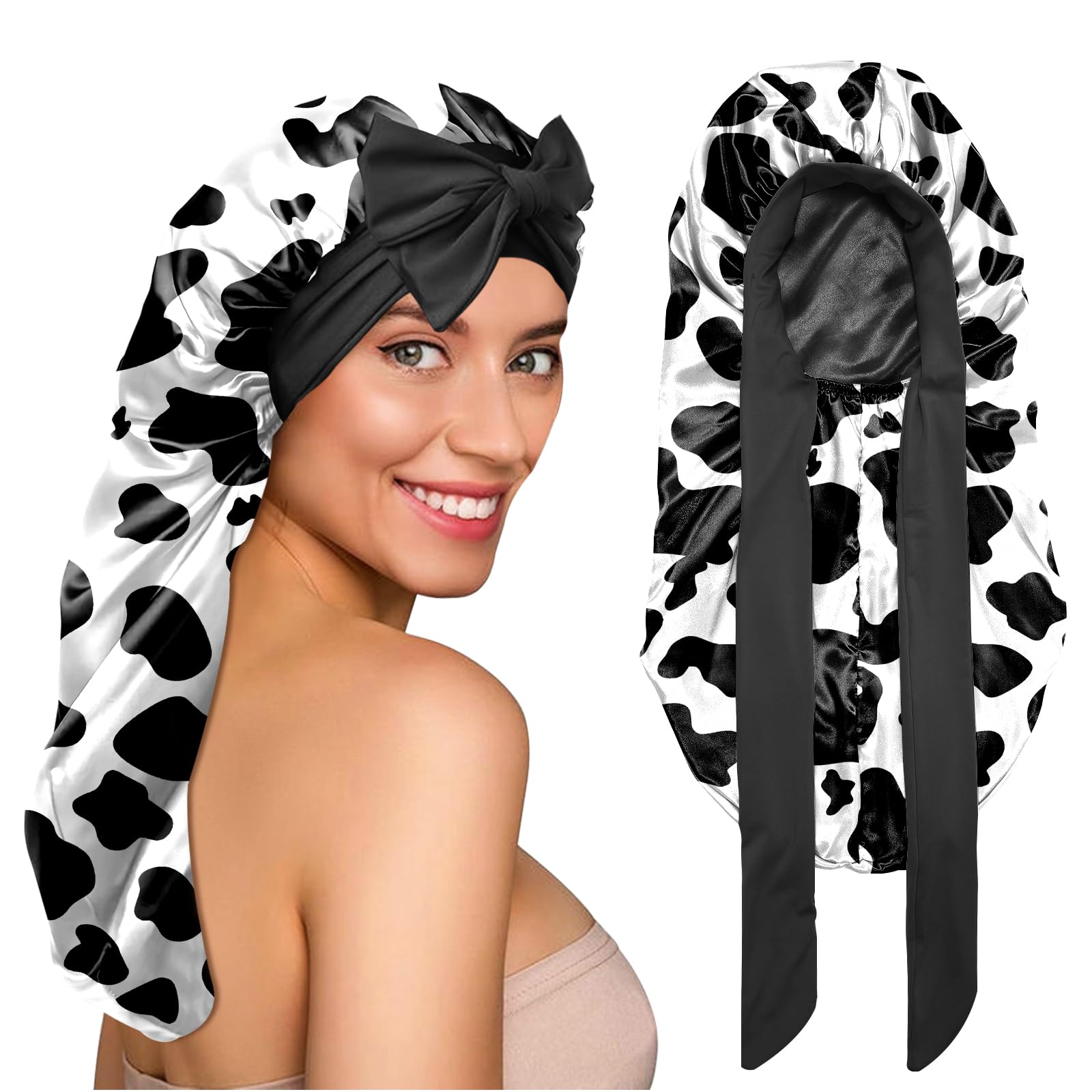 BHAHB Silk Long Satin Hair Braid Bonnet for Sleeping Adjustable Double Layer Elastic Reusable Long Hair Caps Cute Aesthetic for Women Girls-Cow