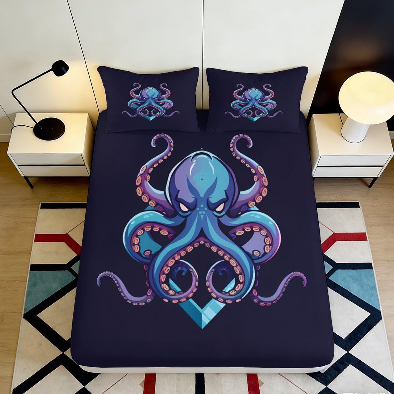 3D Printed Octopus Fitted Sheet Microfiber Soft Breathable Sea Creature Bed Cover for Bedroom Dorm Mattress Protection Decor 90x200x25cm
