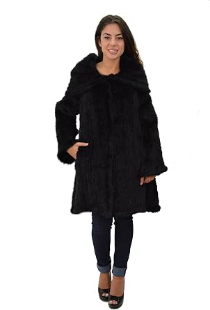 Hima Knit Mink Coat with Wrap Around Collar - Black