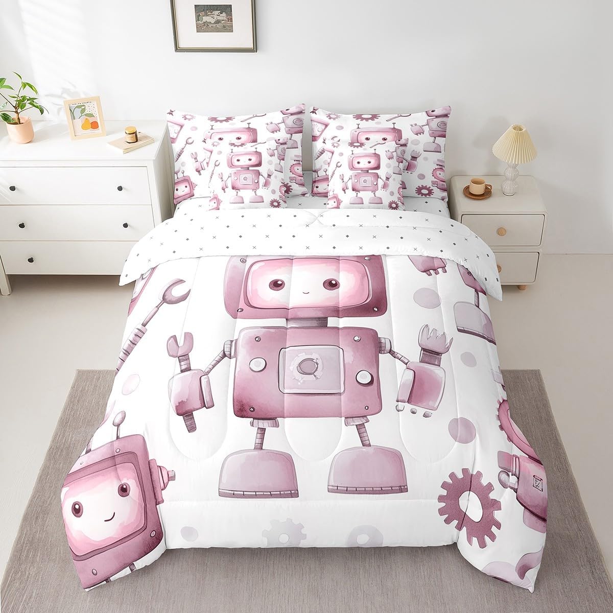 7 Pieces Twin Size Robot Comforter Set,Modern Cartoon Toys Princess Bedding Set for Girls Women,Hand Drawn Sketch Intelligent Tools (Comforter+Fitted+Flat Sheet+2 Pillowcases+2 Throw Pillow Covers)