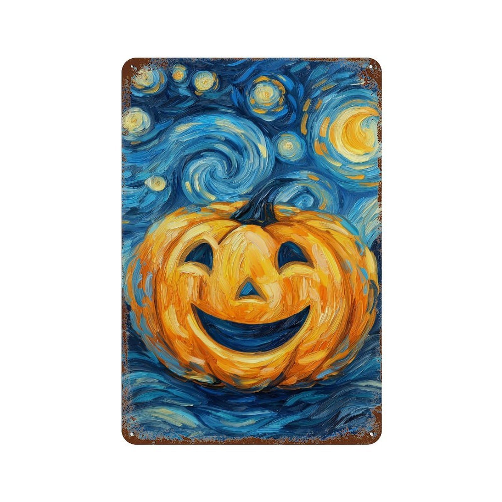 Vintage Rust Metal Sign with Pumpkin Jack O Lantern Starry Night Design 11.8"x7.9", for Office, Studio And Wall Decor, Farmhouse Wall Decor