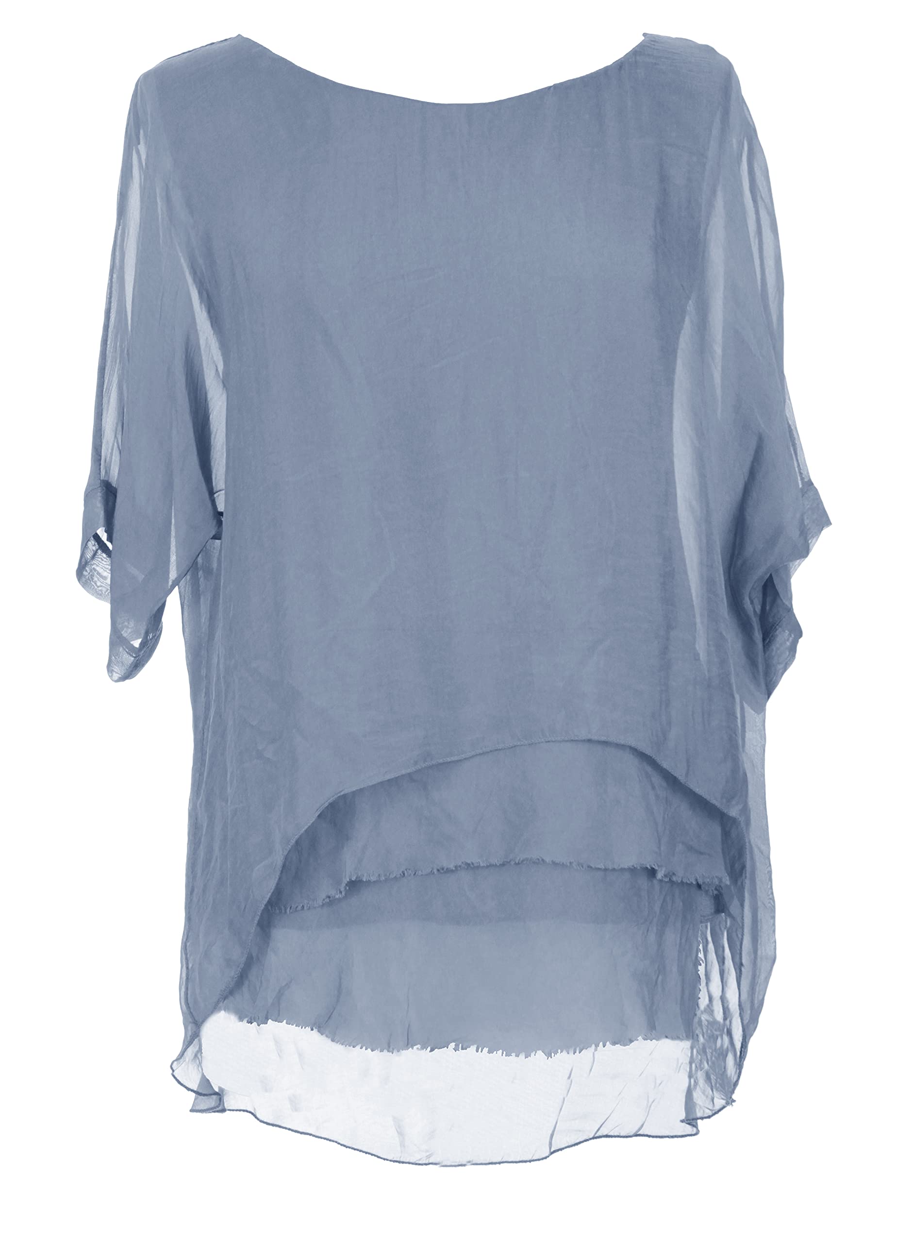 Texture Women's Cornflower Blue Italian Lagenlook Short Sleeve Frill Frayed Hem Silk Tunic Top Blouse One Size (As8, Alpha, One_size, Regular, Regular, )