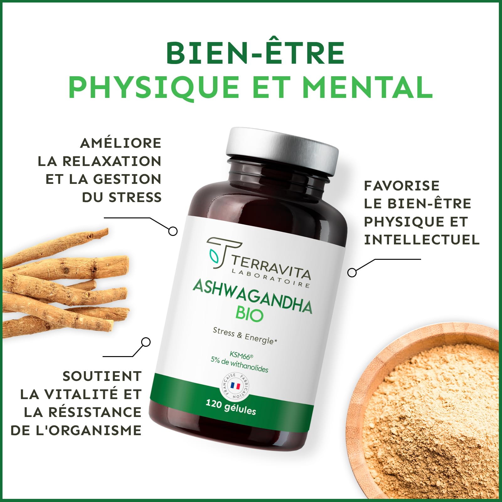 Ashwagandha Bio KSM-66® | Dosage Extra Fort 1200 mg | 120 Gélules Vegan | 5% de Withanolides | Sommeil, Vitalité, Stress & Mémoire | Sans Excipients Controversés | Made in France | Terravita