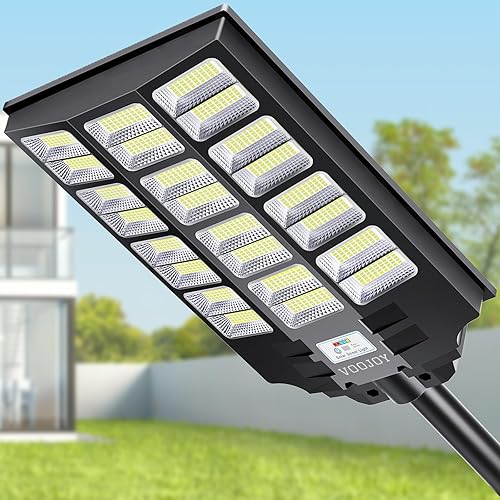 VOOJOY Paquete de 2 luces solares de calle de 4000 W para exteriores, 380000 lm IP66, impermeables, luces de inundación solares de seguridad LED