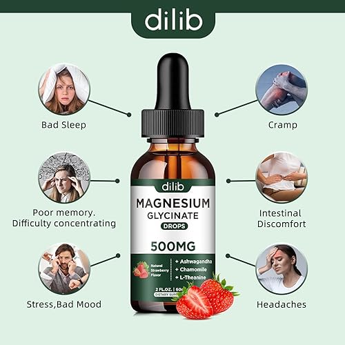 Miniatura 6 de Suplemento de glicinato de magnesio, gotas líquidas de magnesio con glicinato de magnesio 500 mg Ashwagandha, L - teanina, manzanilla - Ayuda al