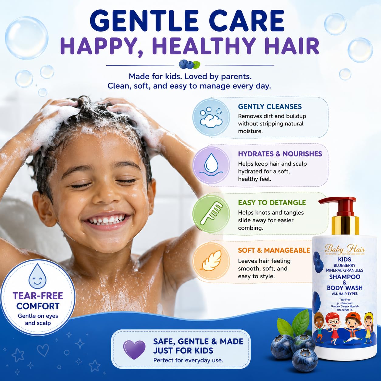 BABY HAIR Kids Toddler Blueberry Mineral Shampoo & Body Wash | Sulfate-Free Tearless Hair & Body Cleanser | Aloe Vera & Blueberry Extract | Gentle Daily Care | 10 fl oz