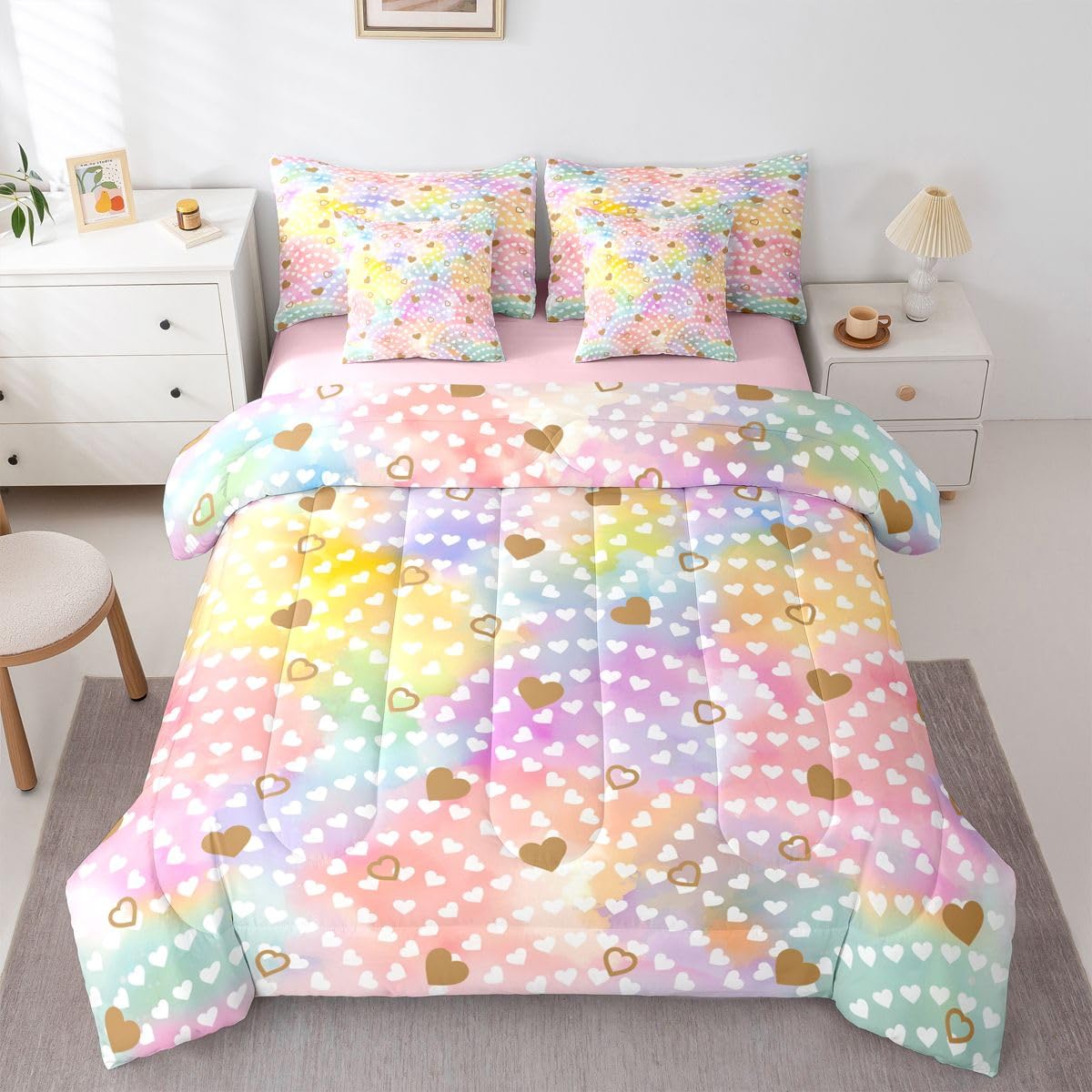 Erosebridal Rainbow Hearts 7 Piece Bed in A Bag Twin Comforter Set Gold Heart Bedding Set for Girls Kids Valentine Love Geometric Sheet Set with Comforter Love Heart Quilt Duvet