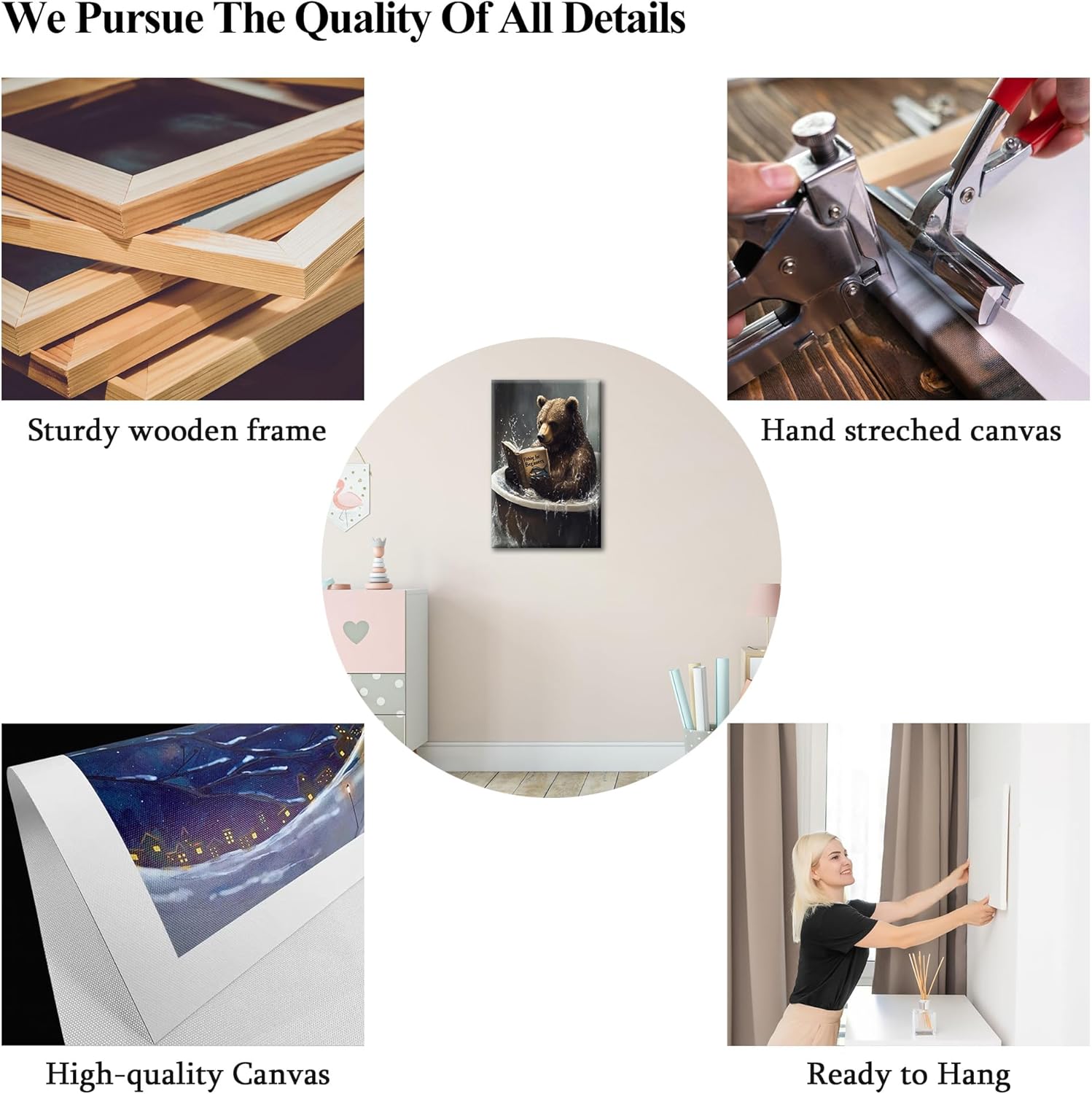 UZMKM Bear Wall Art Canvas Prints, Funny Animal Reading in Bathtub Animal Wall Art, Nature Forest Painting, Bear Bathroom Decor, Nursery Pictures, Framed Canvas Art Poster Picture 18x24 Inch