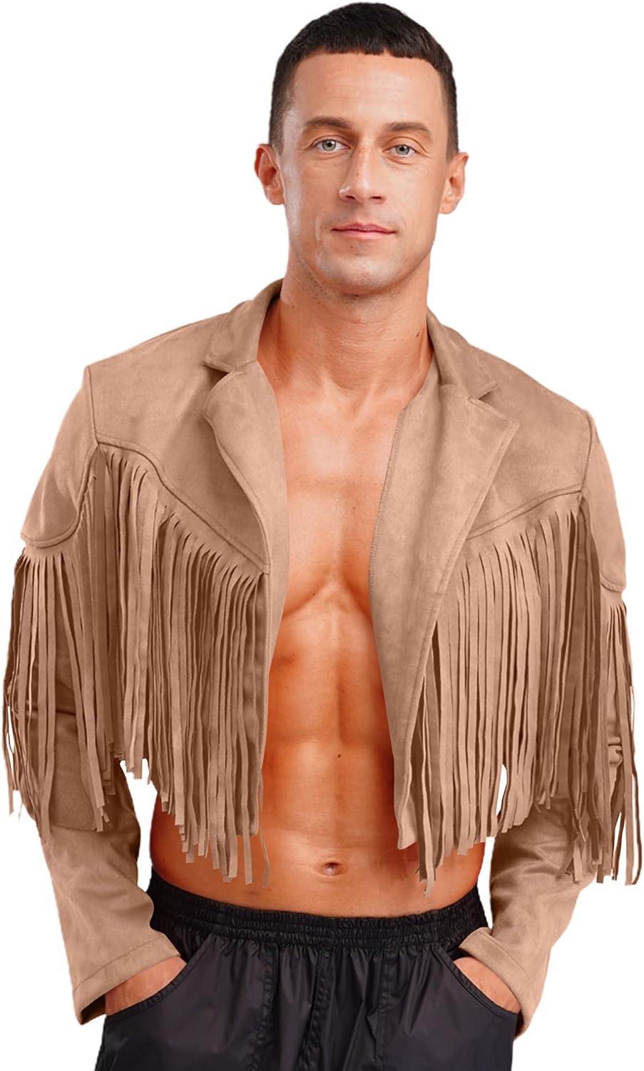 Agoky Men's Fringe Faux Suede Jackets Long Sleeve Cropped Jackets Outfits Western Cowboy Costumes