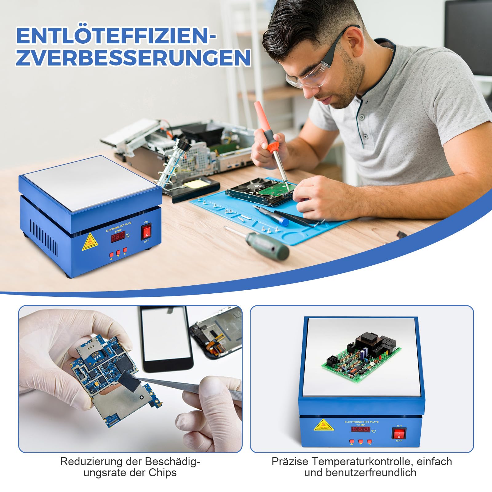PCB, piastra riscaldante elettrica, 800 W, stazione di riscaldamento a LED, microcomputer, 30 – 400 °C, stazione di preriscaldamento per riscaldamento dei componenti, SMD, rimozione PCB e saldatura