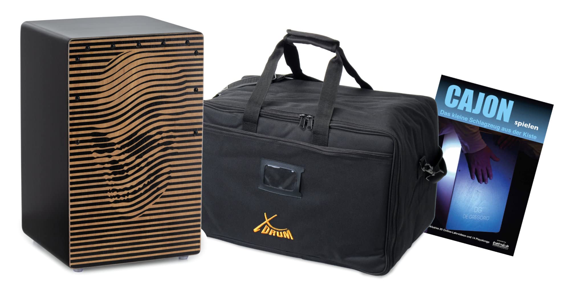 XDrum Design Series Cajon "Skull" Set inkl. Tasche + Schule, 5 cm | Designer-Cajon mit "Skull"-Kunstdruck, Integrierter Bass Port, Korpus: HPL (High Pressure Laminate), Schlagfläche: "Skull"