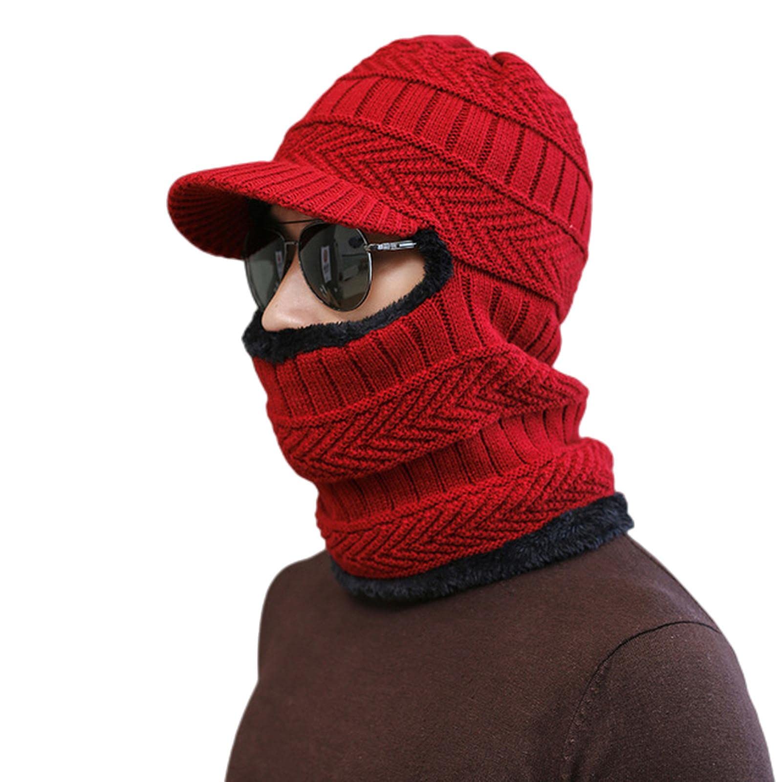Wintermützen für Herren 3-in-1 Wintermützen Herren Einfarbig Dicke Plüsch Skullies Beanie Mütze Halstuch Einteilige Kappen Schleier Kunstwolle Mütze Strickmütze