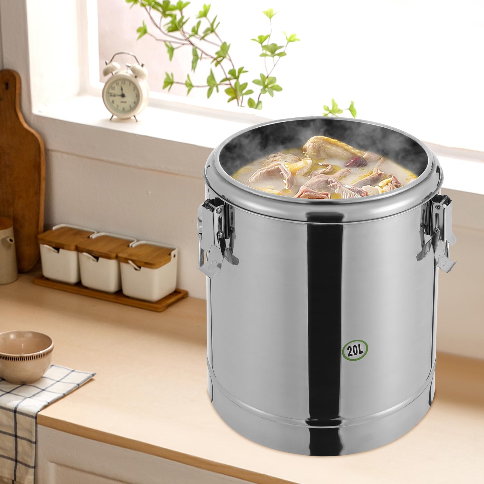 Edelstahl Isolierter Eimer 20L, Thermobehälter Nahrungsmittelwärmer mit Deckel, Suppenbehälter Haltezeit ca. 12 Stunden für Party, Picknick, Restaurants