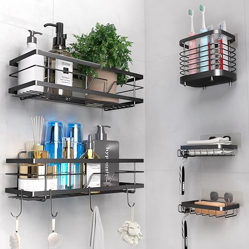JeyDacitta Estantes de ducha, organizador de baño, sin perforaciones, adhesivo de acero inoxidable, organizador de ducha más grande para baño y